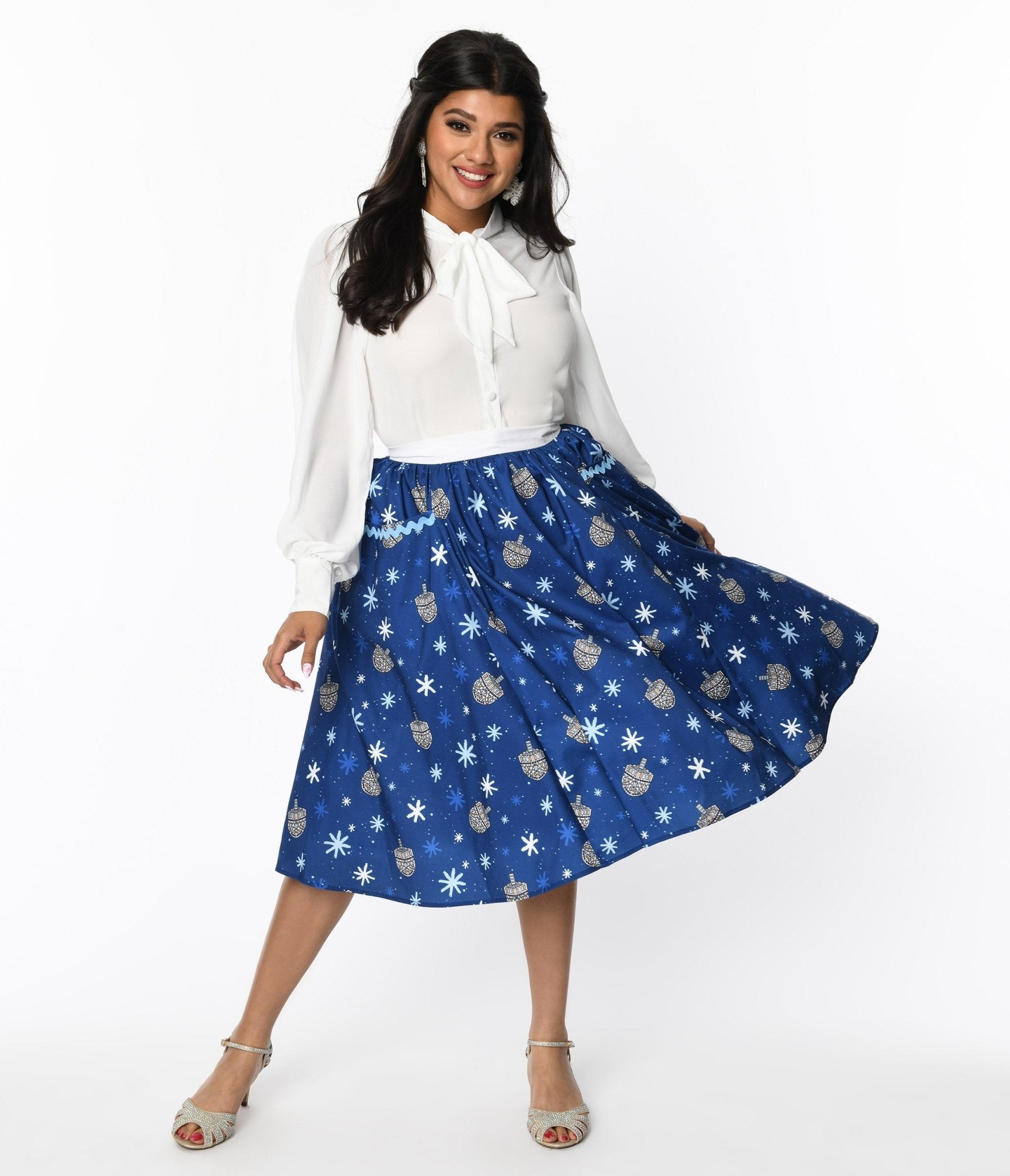 Vintage Blue Hanukkah Print Susannah Swing Skirt | Unique Floral Retro A-Line Skirt for Women | Perfect for Holiday Parties, Hanukkah Celebrations & Vintage Fashion Outfits