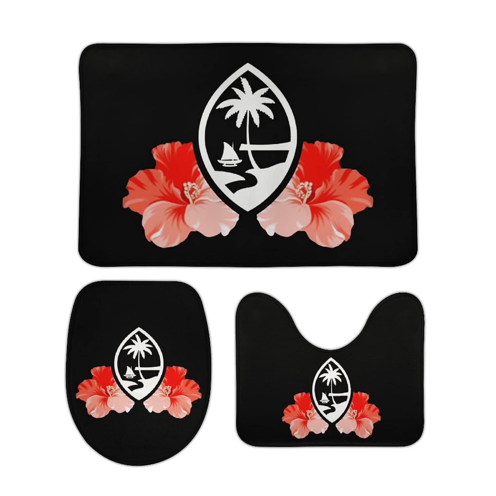 Guam Tribal Hibiscus Coral Velvet Bathroom Rug Set - 3 Piece Non-Slip Floor Mat with U-Shaped Toilet Mat & Lid Cover | Soft Absorbent for Bath, Shower & Vanity Area