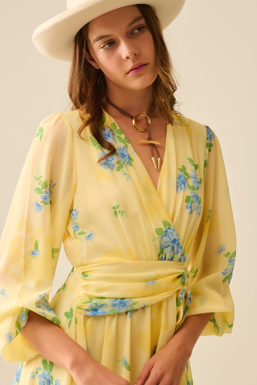 Butter Yellow Mini Floral Print Spring Robe with Ruffled Details - Perfect for Brunch, Beach Cover-Up, and Summer Weddings