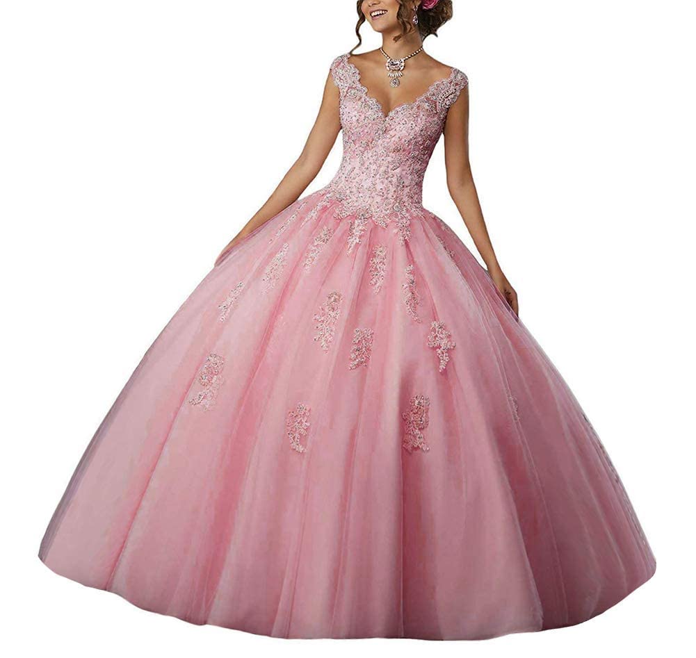 Natasha Girls V-Neck Beaded Lace Quinceañera Dress | Sweet 16 Applique Prom Ball Gown | Formal Party, Homecoming, Wedding Guest Dress (Style 014)