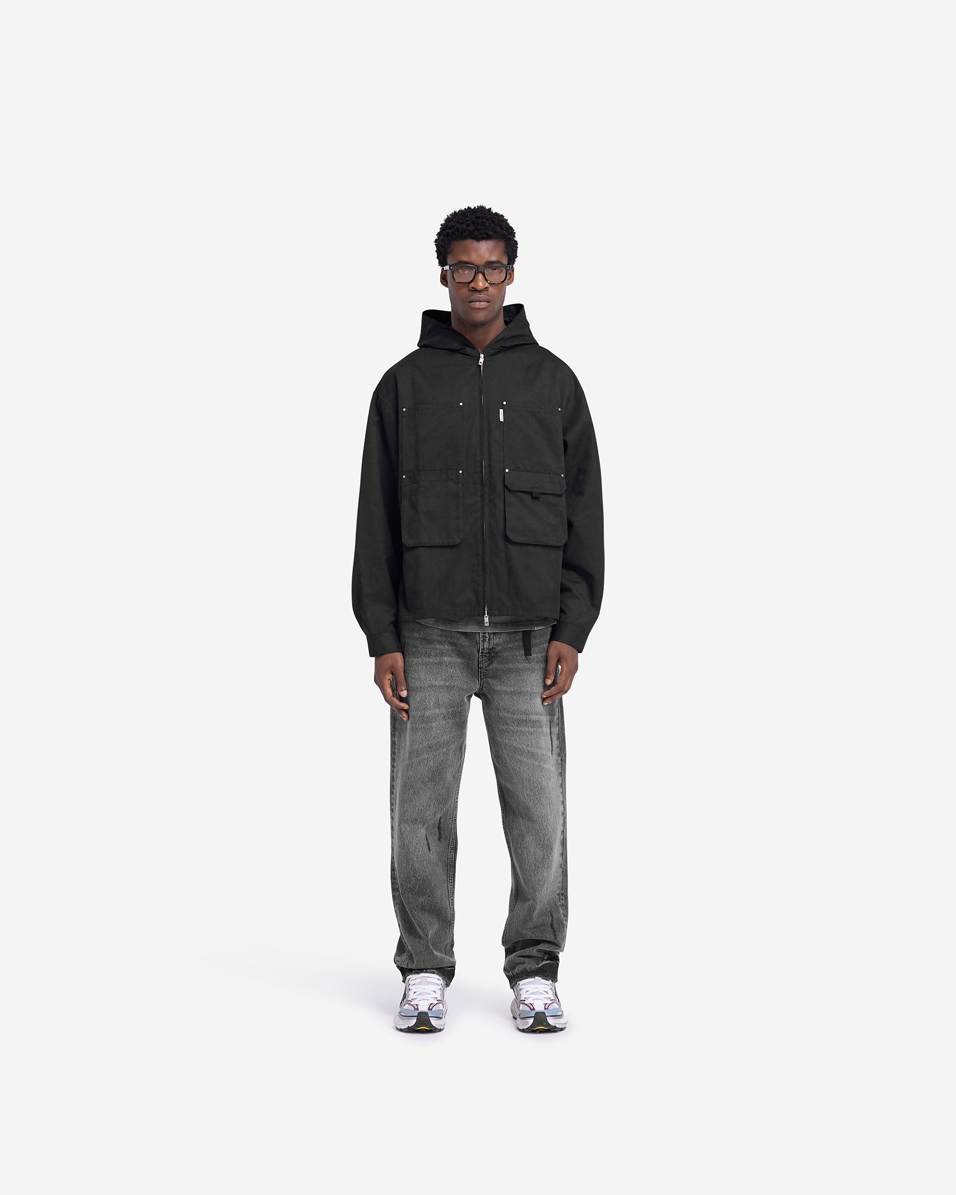 Men's Utility Hooded Shirt Jacket - Lightweight Water-Resistant Workwear with Multiple Pockets | Perfect for Outdoor Work, Hiking & Casual Wear - Jet Black