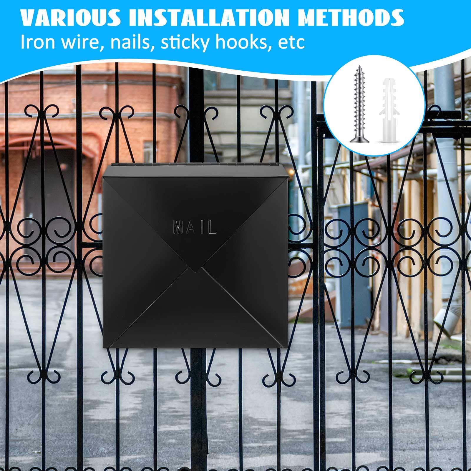 10 x 10 x 4 Inch Large Capacity Wall Mount Mailbox - Modern Black Steel Hanging Post Box for Outside with Parcel Protection | Perfect for Homes, Apartments & Offices
