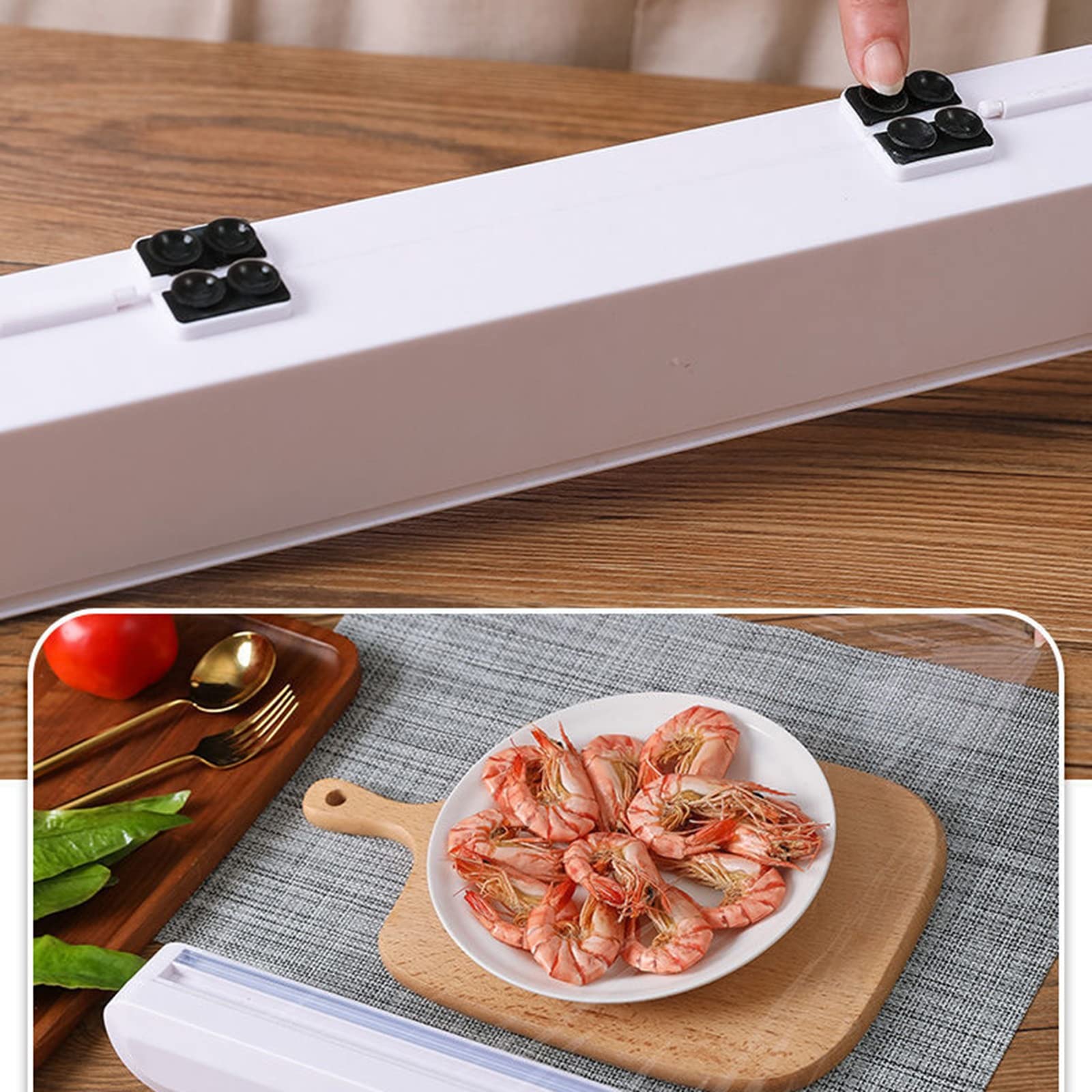 **Reusable Plastic Wrap Dispenser with Built-in Cutter - White Kitchen Drawer Organizer for Food Storage, Cling Film & Aluminum Foil - Space Saving & Hangable for Pantry, Office, or Dorm Use**