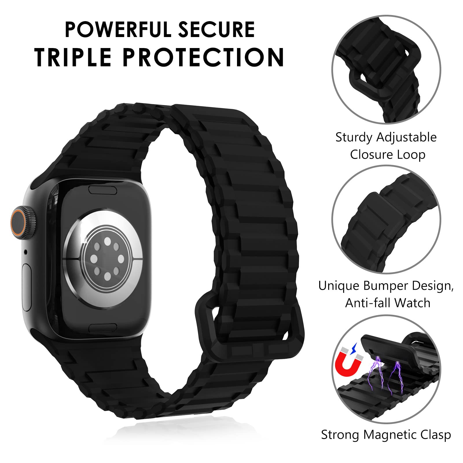 Premium Magnetic Silicone Sport Band for Apple Watch Series 9/8/7/6/5/4/3/SE/Ultra 2 - Compatible with 38mm/40mm/41mm/42mm/44mm/45mm/49mm - Adjustable Strap for Men & Women - Perfect for Workouts, Running & Everyday Wear