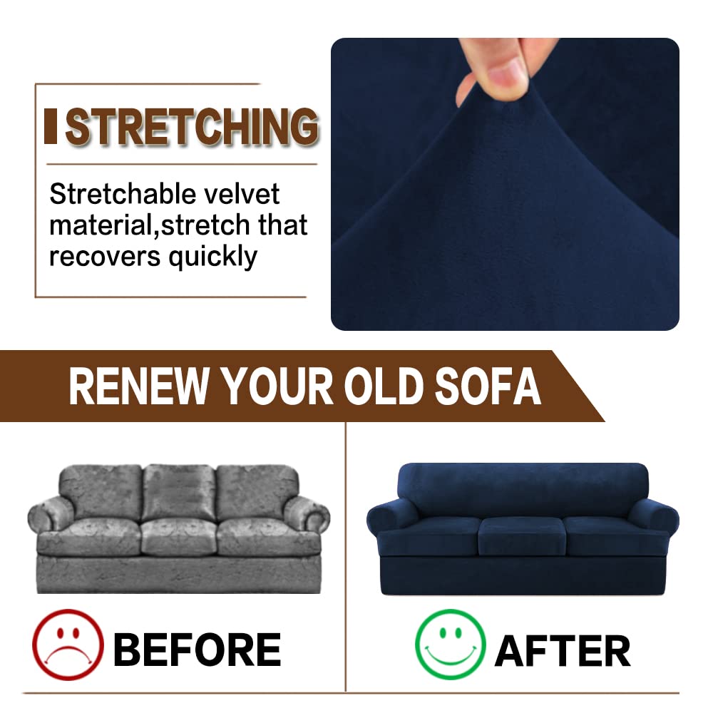 Velvet T-Cushion Sofa Slipcover 4-Piece Set - Soft Stretchable Couch Cover for Sectional Sofas - Furniture Protector with 3 Individual T-Cushion Seat Covers (Navy Blue) - Perfect for Living Room, Family Room & Home Decor
