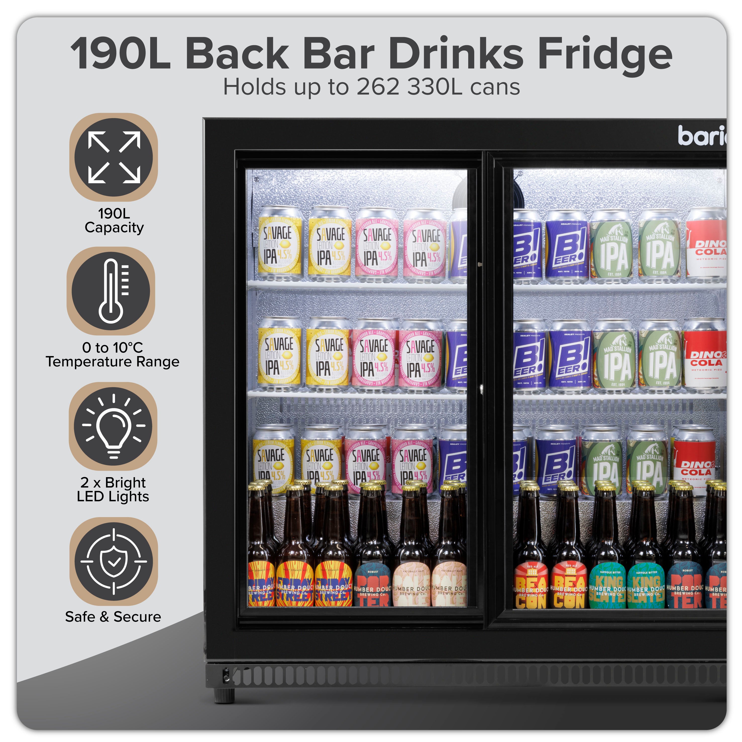 Baridi 190L Double Sliding Door Back Bar Refrigerator - Commercial Grade Black Drink Cooler for Bars, Restaurants & Home Use | Energy Efficient Beverage Fridge with Adjustable Shelves (Model DH273)
