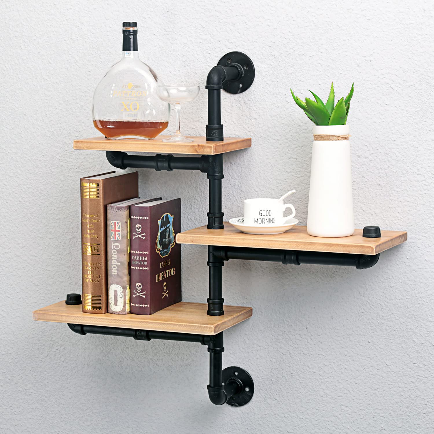 Industrial Pipe Wall Mount 3-Tier Bookshelf - Rustic Metal & Wood Corner Shelves for DIY Storage | Floating Shelves for Home Decor | Perfect for Living Room, Bedroom & Office Organization