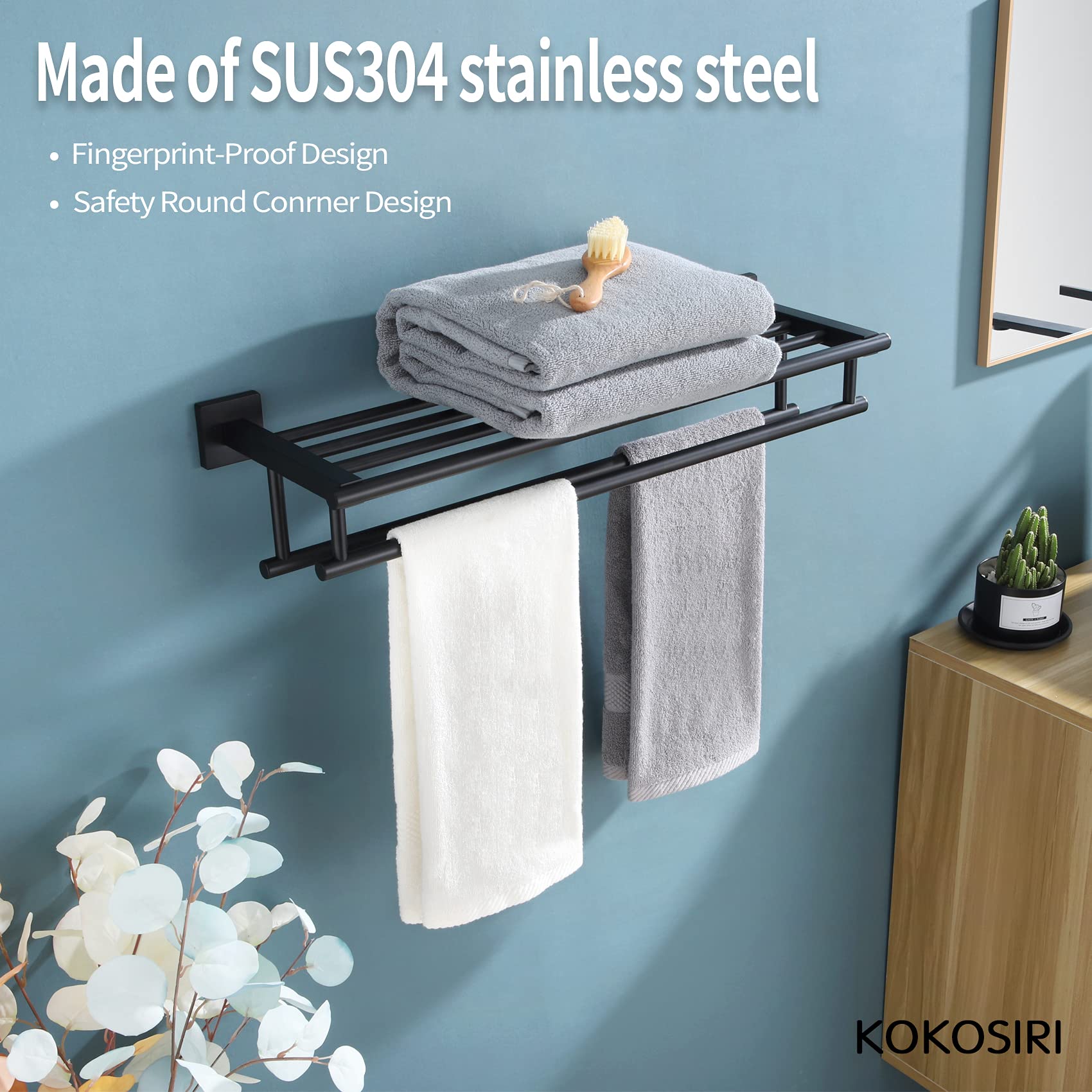 KOKOSIRI 20 Inch Double Towel Bar Wall Mounted Bathroom Towel Rack - Stainless Steel Matte Black Towel Holder for Bathroom & Shower Organization (B6005BK-L20) | Perfect for Small Spaces & Modern Home Decor