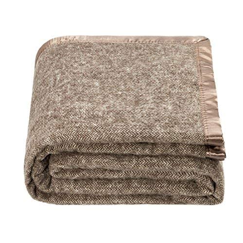 Premium Wool Throw Blanket by Spencer & Whitney - Brown Herringbone Pattern, Large Queen Size Bed Blanket for Cozy Living Room, Sofa & Winter Warmth