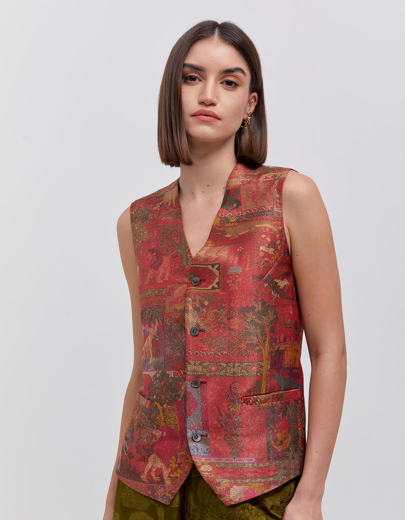 Silk Brocade Vest with Zig Zag Crimson Panchatantra Design - Elegant Traditional Indian Wear for Weddings & Festivals