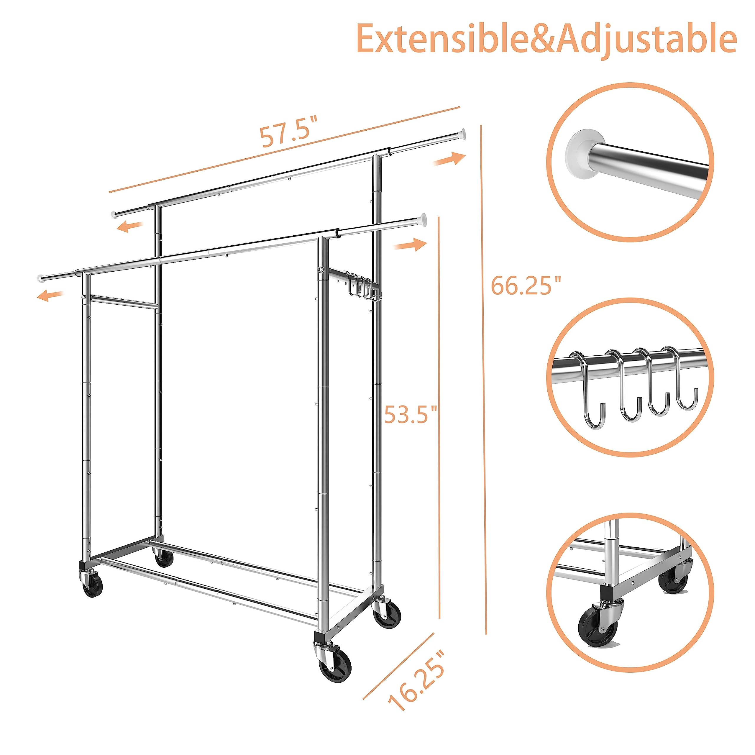 Double Rod Rolling Garment Rack with Wheels & 4 Hooks - Chrome Clothes Organizer for Bedroom, Closet, Laundry Room or Retail Store Display