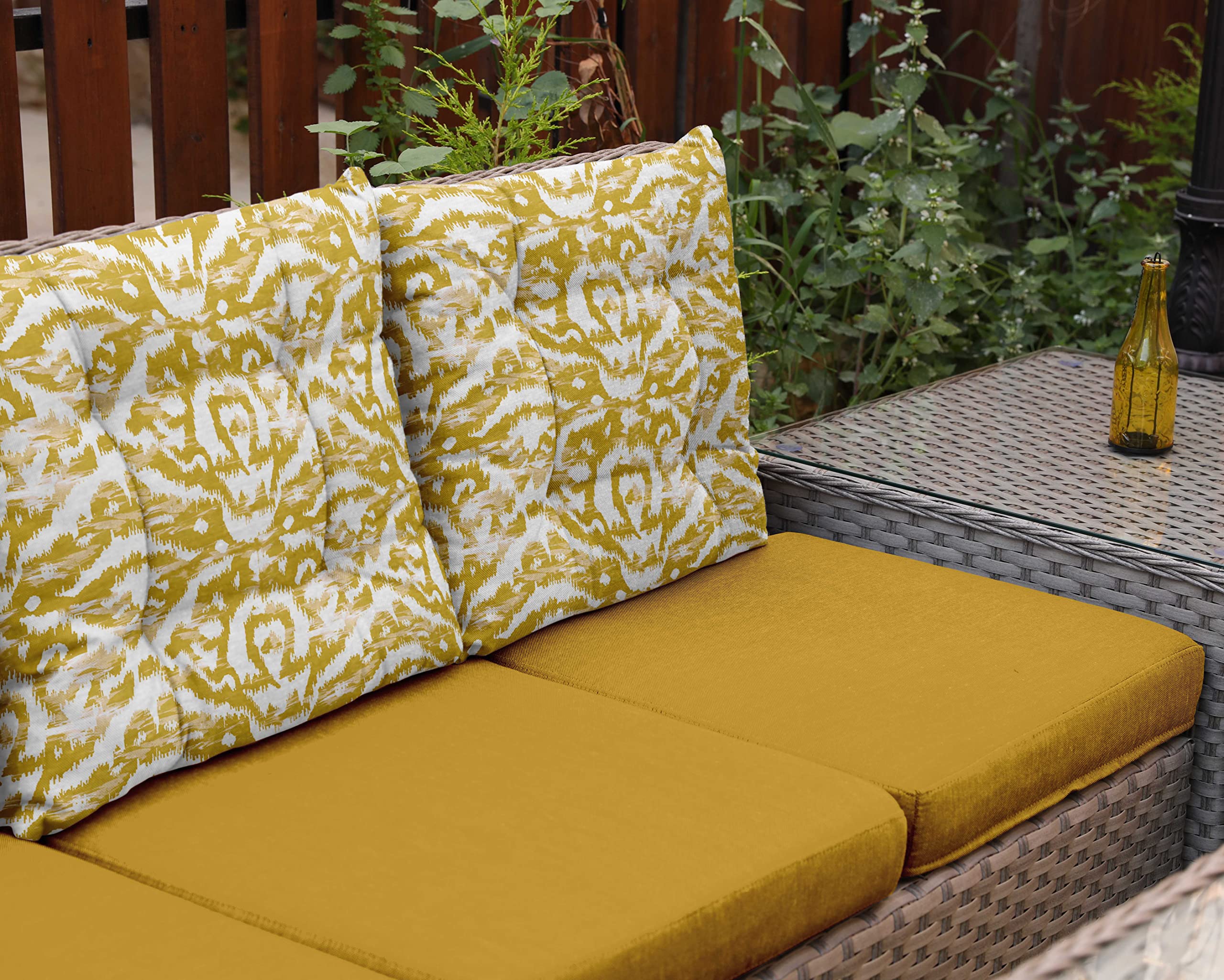 Waterproof 19-inch Yellow Ikat Tufted Square Patio Cushion Set of 2 - Indoor/Outdoor Furniture Seat Cushions for Garden, Deck & Poolside Lounging