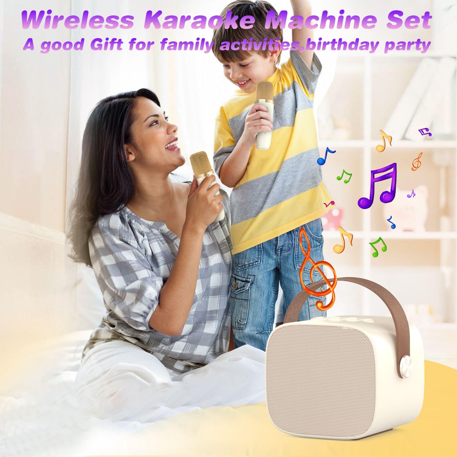 Portable Bluetooth Karaoke Machine with 2 Wireless Microphones - Mini Speaker for Kids & Adults, Fun Singing Toy for Christmas & Birthday Gifts (Ages 3-12) - Perfect for Home Parties, Travel & Family Entertainment