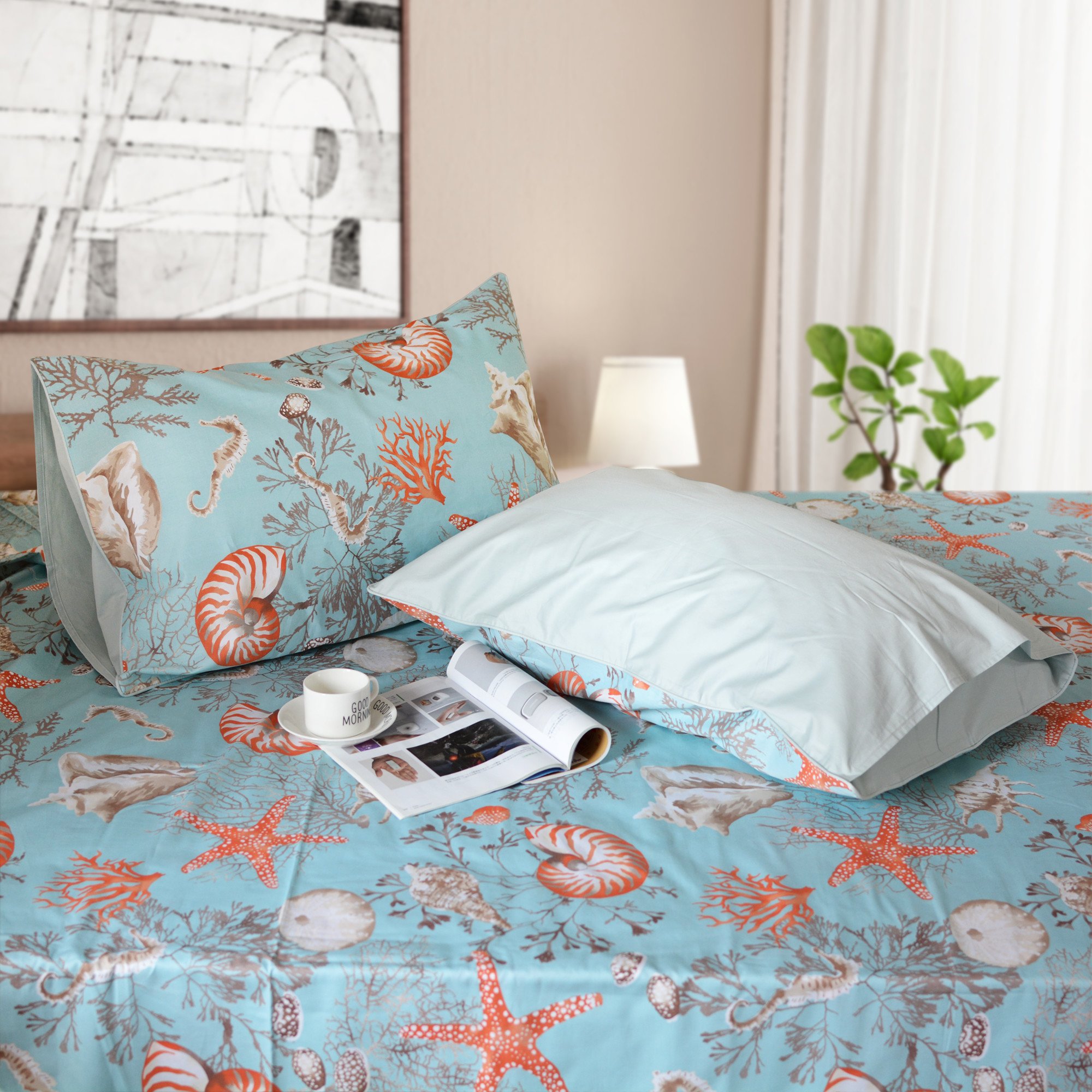 Brandream Luxury Nautical Queen Size Bedding Set - 100% Egyptian Cotton 4-Piece Coastal Beach Sheet Set with 18