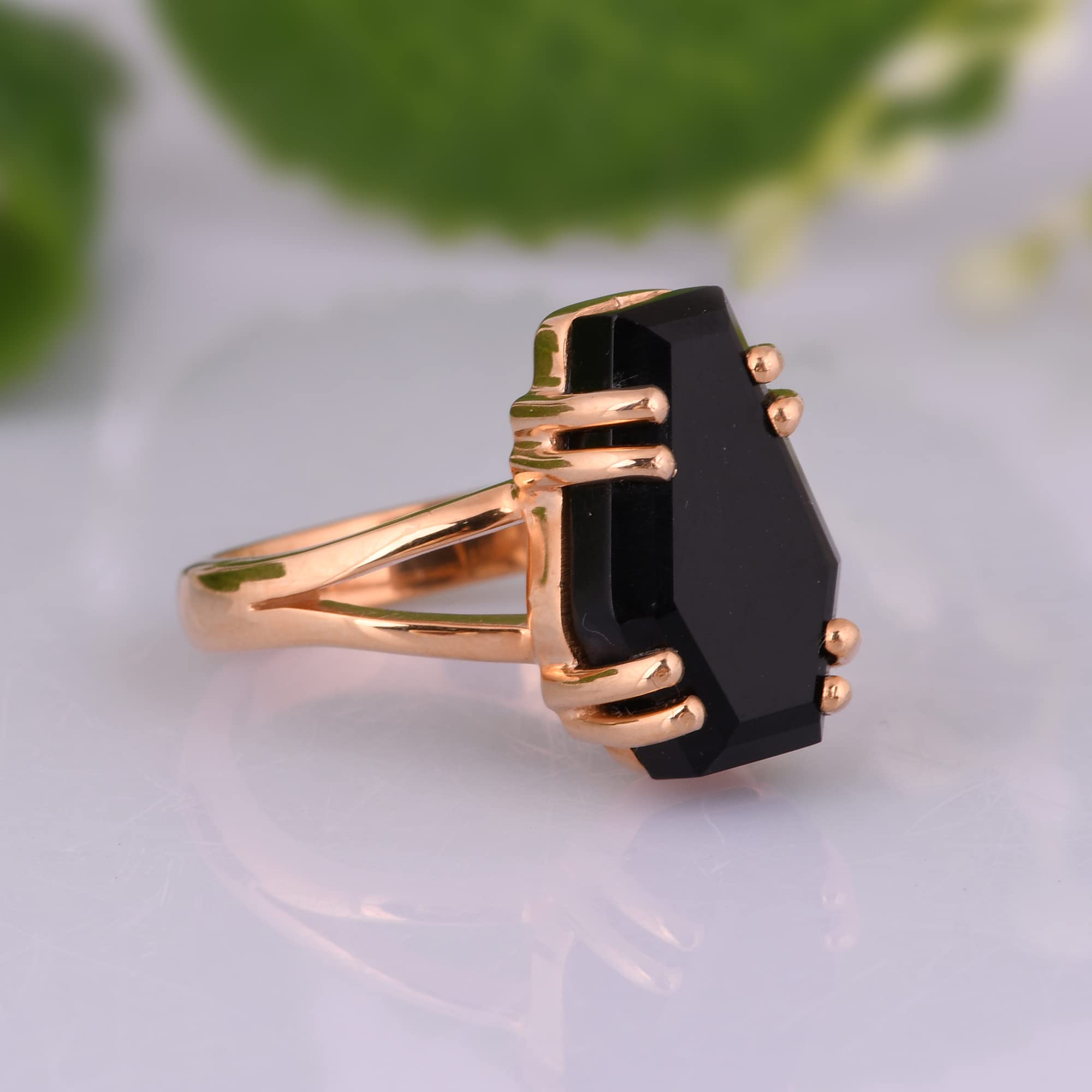 Black Onyx Gemstone Ring - Coffin Design Statement Ring in Solid 925 Sterling Silver | Evil Eye Protection Jewelry | Stackable Silver Ring for Women (Rose Gold Plated, Size 4.5) | Perfect for Gothic Fashion, Witchy Aesthetic & Everyday Wear