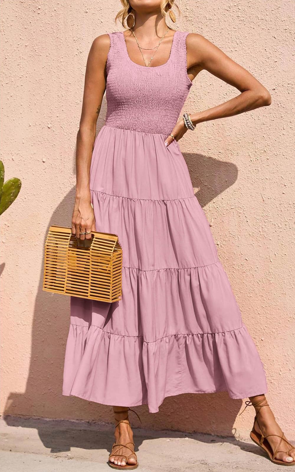 PRETTYGARDEN Women's 2025 Casual Loose Plain Maxi Sundress - Smocked Tank Dress Sleeveless Summer Beach Tiered Long Dress for Vacation, Pool Party & Outdoor Activities