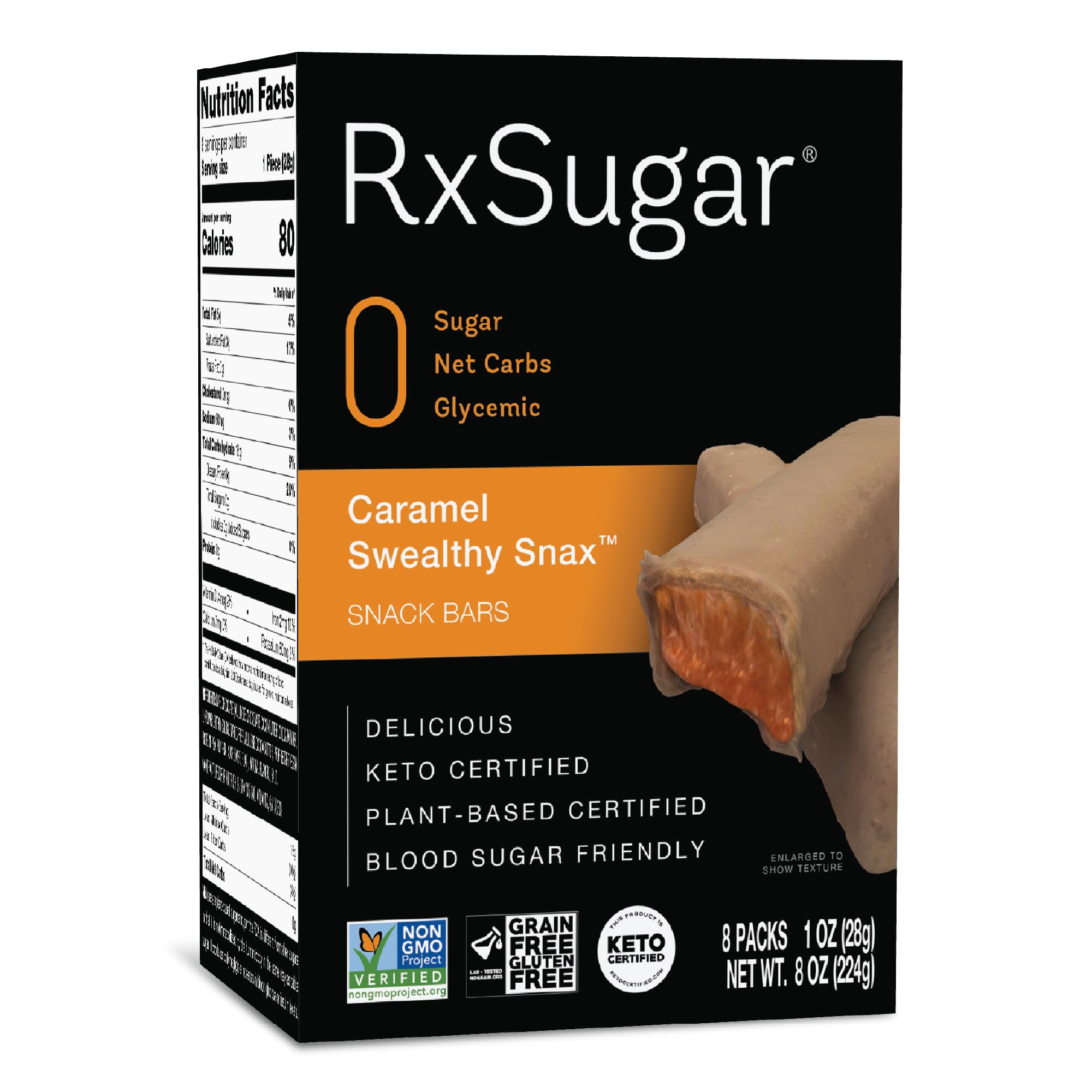 RxSugar Chocolate Swealthy Snax - Sugar-Free, Keto & Diabetic Friendly Candy Bars with Allulose | Zero Net Carbs, Non-GMO, Plant-Based Certified | 48 Bars (6 Packs of 8) - Perfect for Low-Carb Diets, Weight Management & Healthy Snacking On-The-Go (Caramel Flavor)