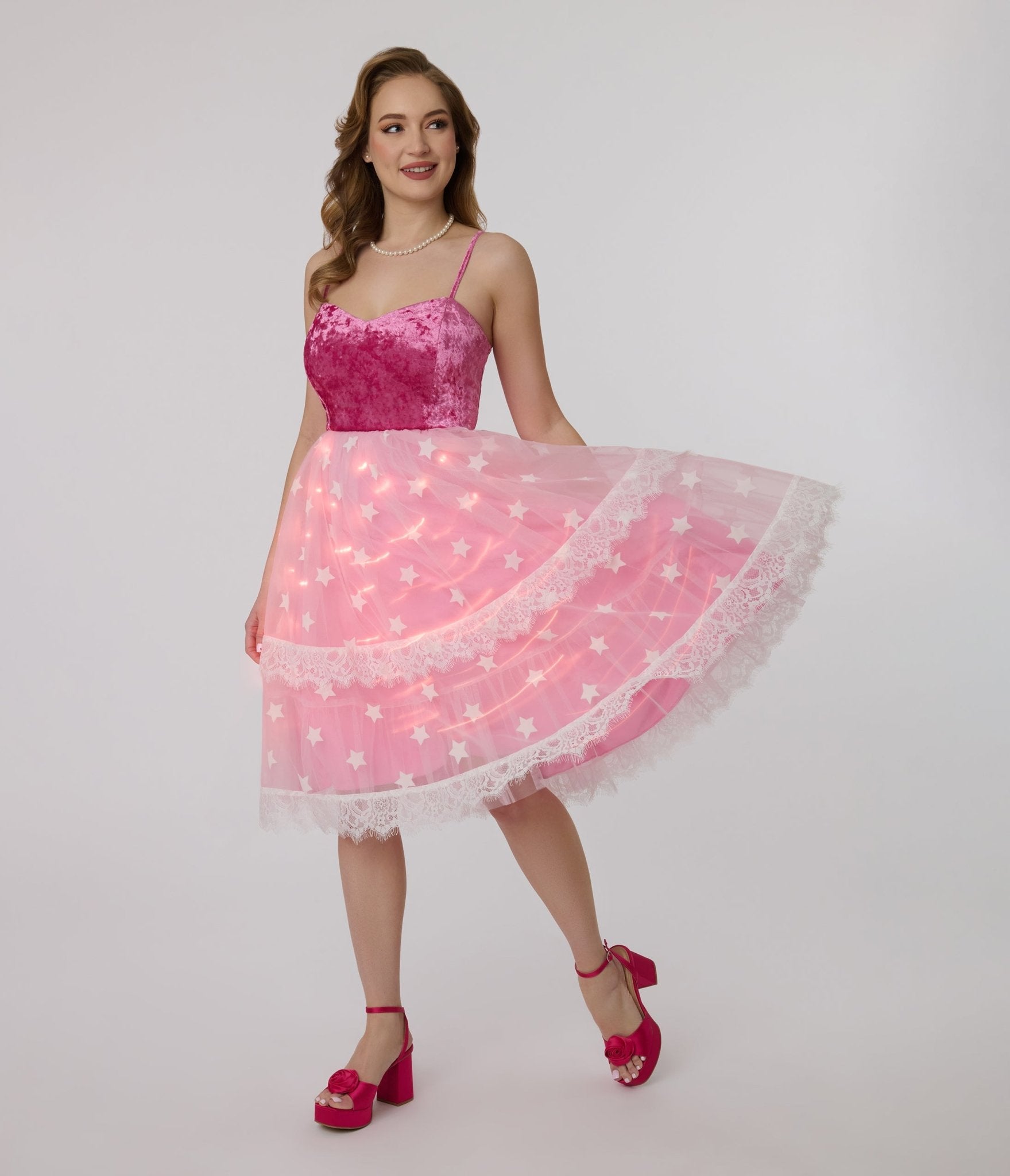 Barbie x Unique Vintage 1980s Pink Light Up Dream Glow Swing Dress - Retro Party Costume for Halloween, Cosplay & 80s Theme Events