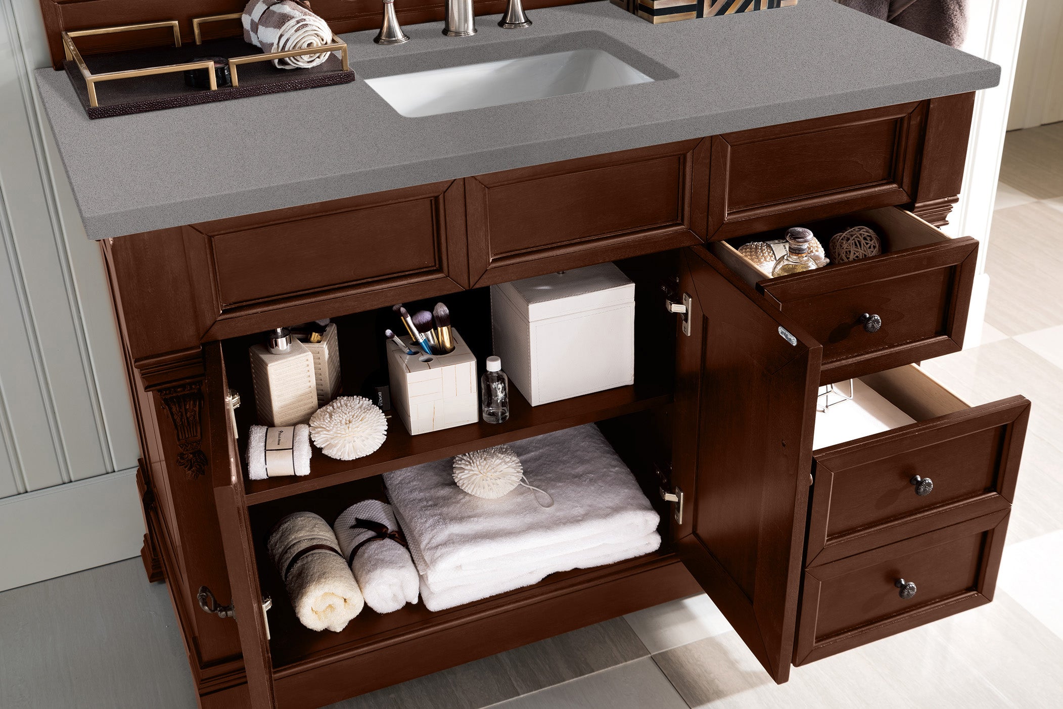 Brookfield 48-Inch Single Bathroom Vanity with Warm Cherry Finish & 3CM Gray Expo Quartz Countertop – Perfect for Modern Home Bathroom Remodeling