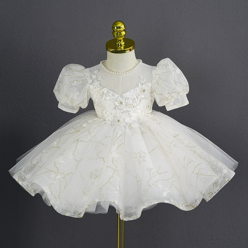 White Princess Sweetheart Tea-Length Tulle Flower Girl Dress for Weddings, First Communion & Special Occasions
