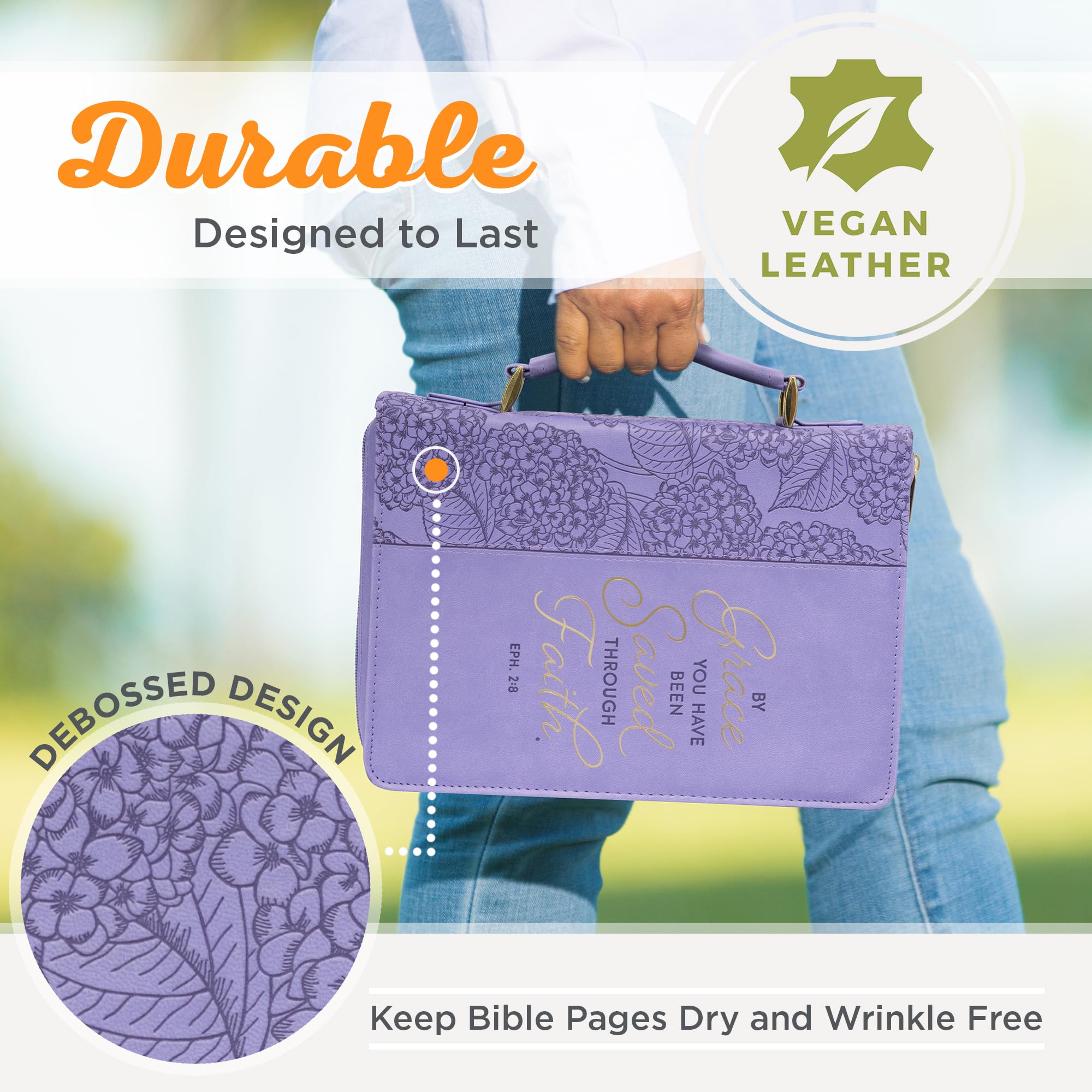 Women's Faux Leather Bible Cover - Ephesians 2:8 Inspirational Verse, Hydrangea Purple for Church & Daily Use