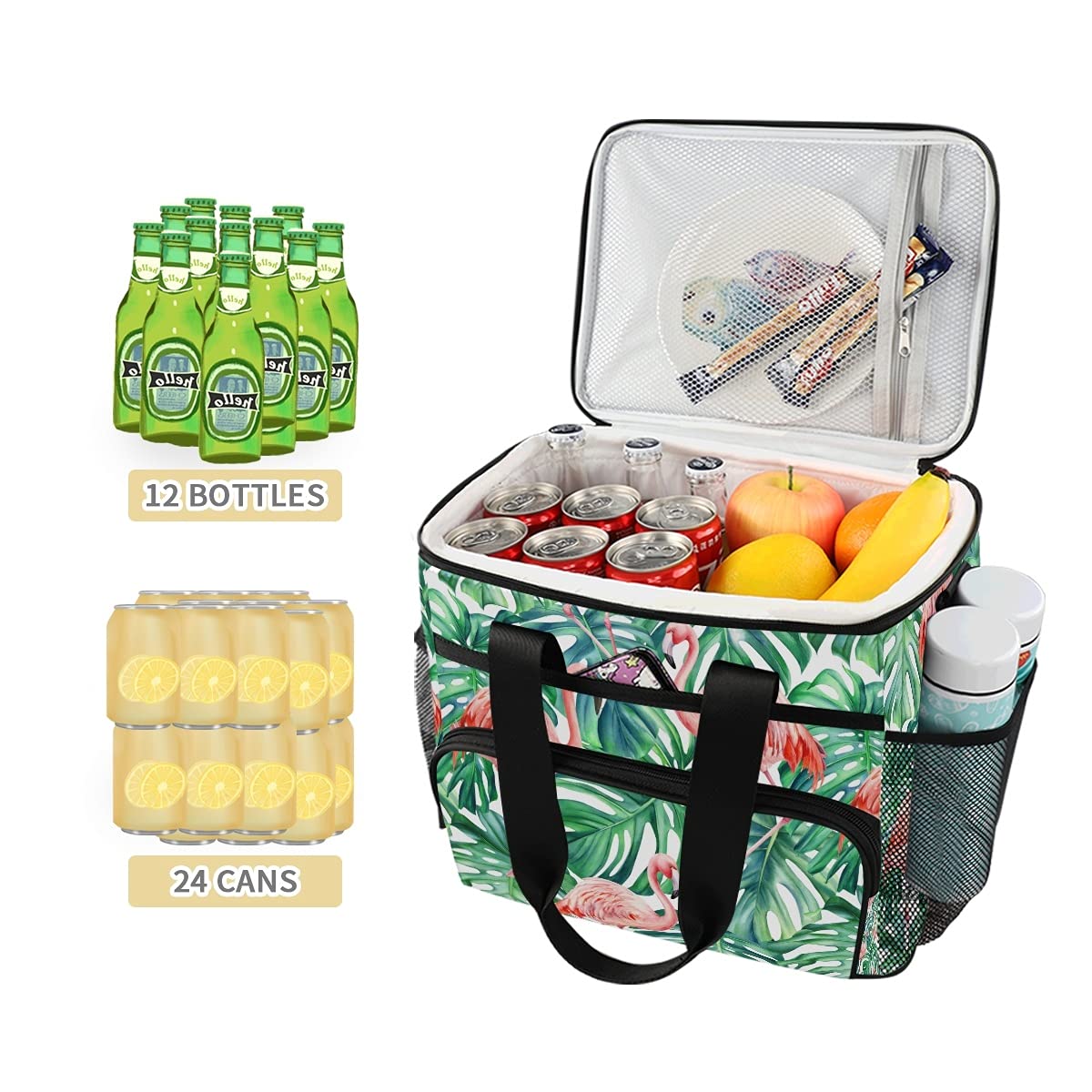 Insulated Cooler Bag with Tropical Pink Flamingo & Palm Leaves Design - Leakproof Picnic, Beach & Lunch Tote for Outdoor Activities, Camping, and Travel