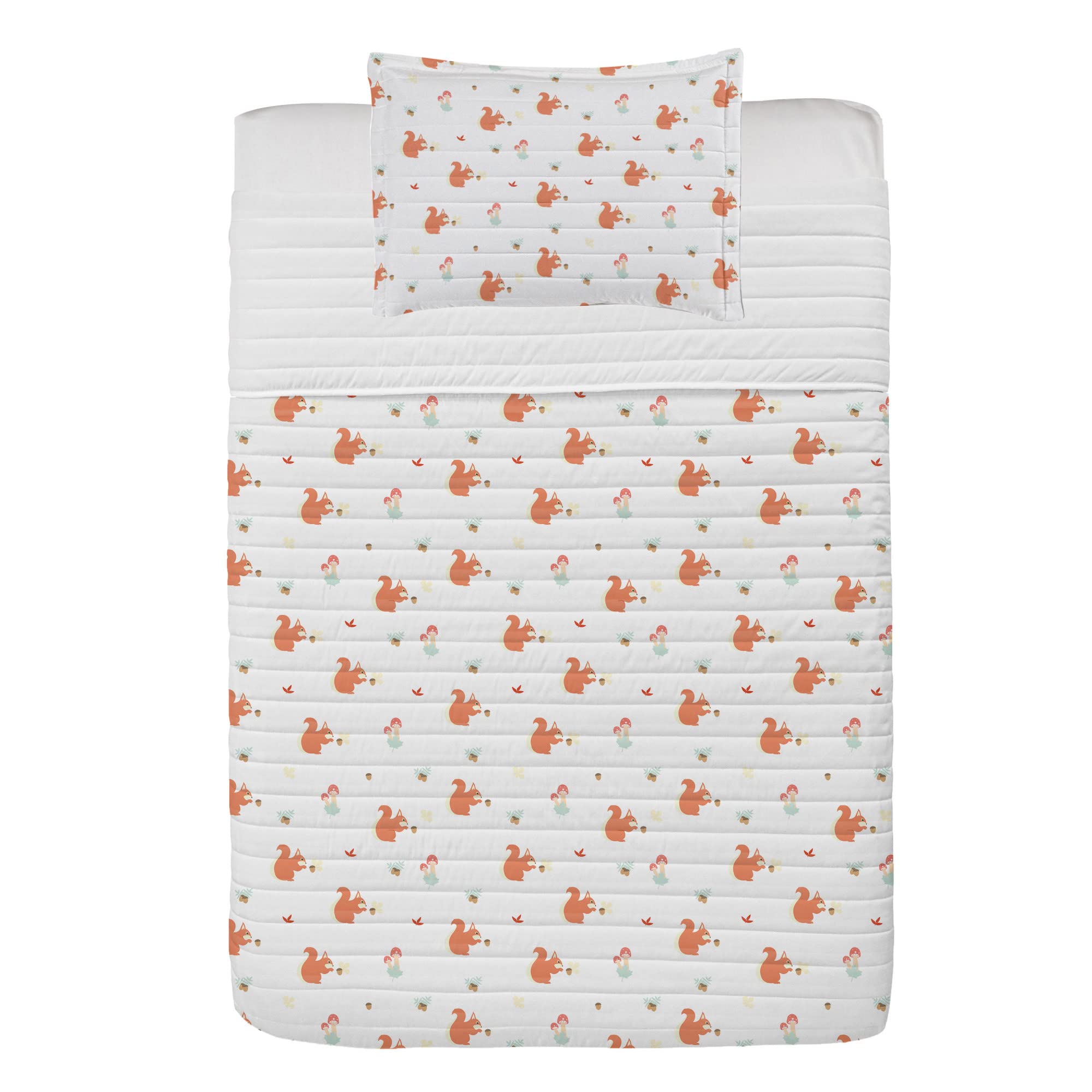 Ambesonne Acorn Microfiber Bedspread Set - Autumn Nature Design with Squirrel, Leaves & Mushrooms | Soft Twin Size Bedding with Pillow Sham & Comforter in White, Salmon & Mint Green | Perfect for Fall Decor, Cozy Bedroom Makeover & Seasonal Home Styling