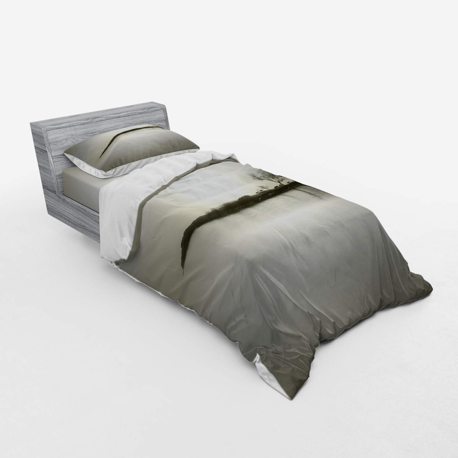 Ambesonne Nature Duvet Cover Set - Landscape Shady Tones with Isolated Trees Over Island, Calm Fog Blurry Environment Print, 3-Piece Bedding Set with Sham & Fitted Sheet, Twin XL Size, Sepia - Perfect for Cozy Bedrooms, Guest Rooms & Nature-Themed Decor