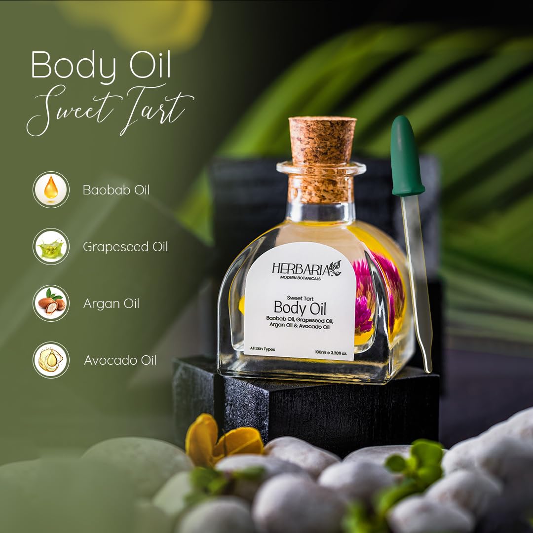 Herbaria Sweet Tart Body Oil - 100ml Jar + 200ml Refill Pack | 100% Vegan Luxury Moisturizer with Almond, Grapeseed, Pomegranate, Avocado, Argan & Baobab Oils | All-Season Hydrating Body Oil for Dry Skin, Massage & Aromatherapy