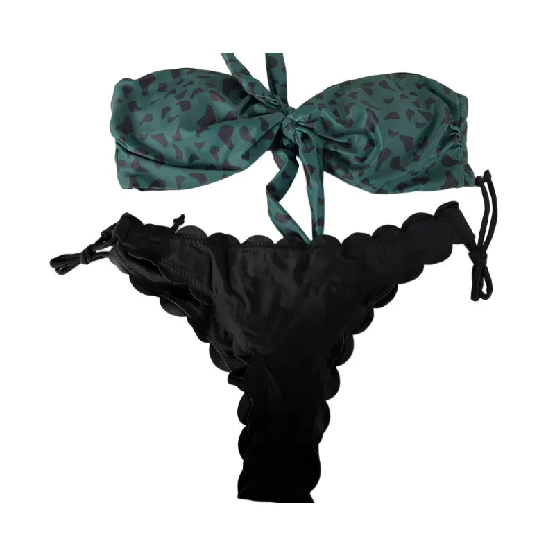 Sexy Leopard Print Bikini Set for Women - Strapless Push Up Swimsuit with Front Lace Up & Ruffled Bow Details - Thong Swimwear for Beach Vacation & Pool Party