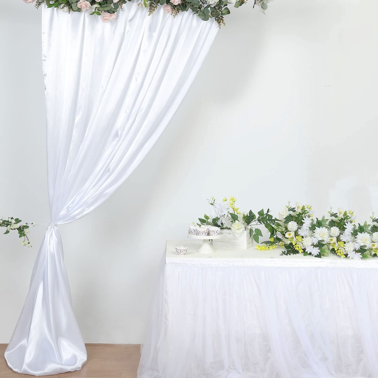 Efavormart 8ft x 10ft White Satin Curtain Panel Backdrop Drapes - Photo Booth Backdrop with Rod Pocket for Weddings, Parties & Home Decor