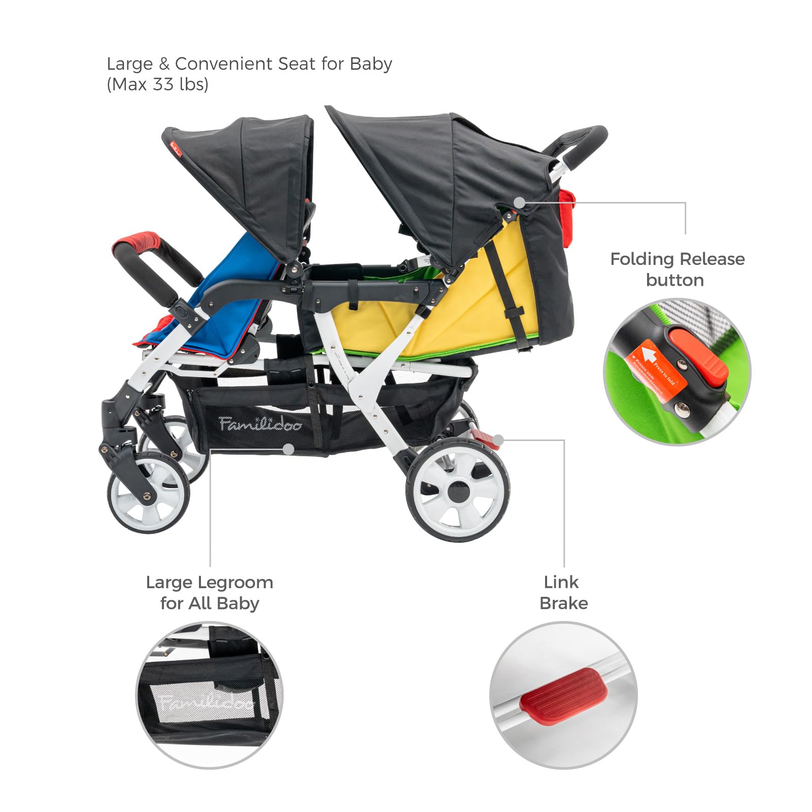 Familidoo H4E 4-Seater Quad Stroller with Double Canopy & Rain Cover - All Reclining Seats with 5-Point Safety Harness - Backseat Footrest Extension for Infants 0-36 Months - Perfect for Large Families, Twins, or Daycare Use