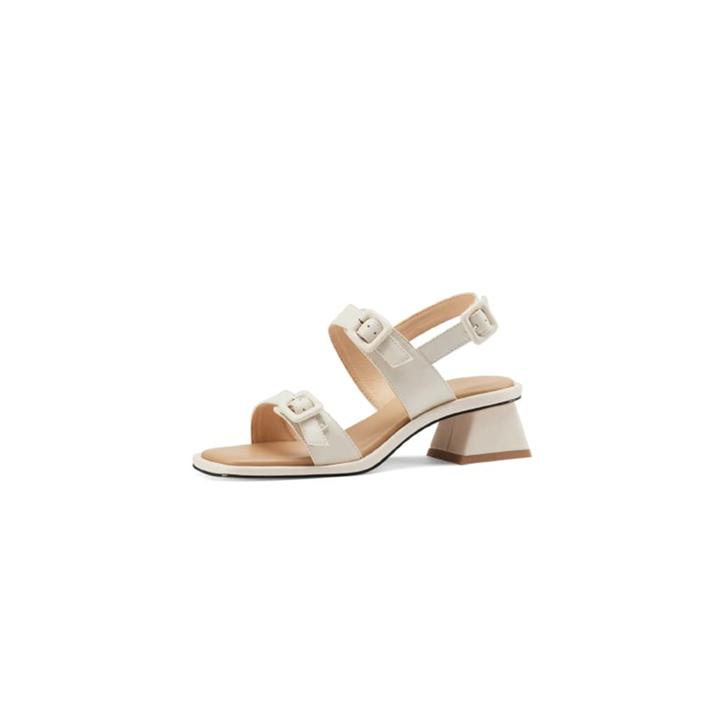 Chunky Heels Sandals for Women | Narrow Bandage Black Buckled Strap Summer Shoes | Size 6 (US) / 43 (EU) in White | Perfect for Beach, Party & Casual Outfits