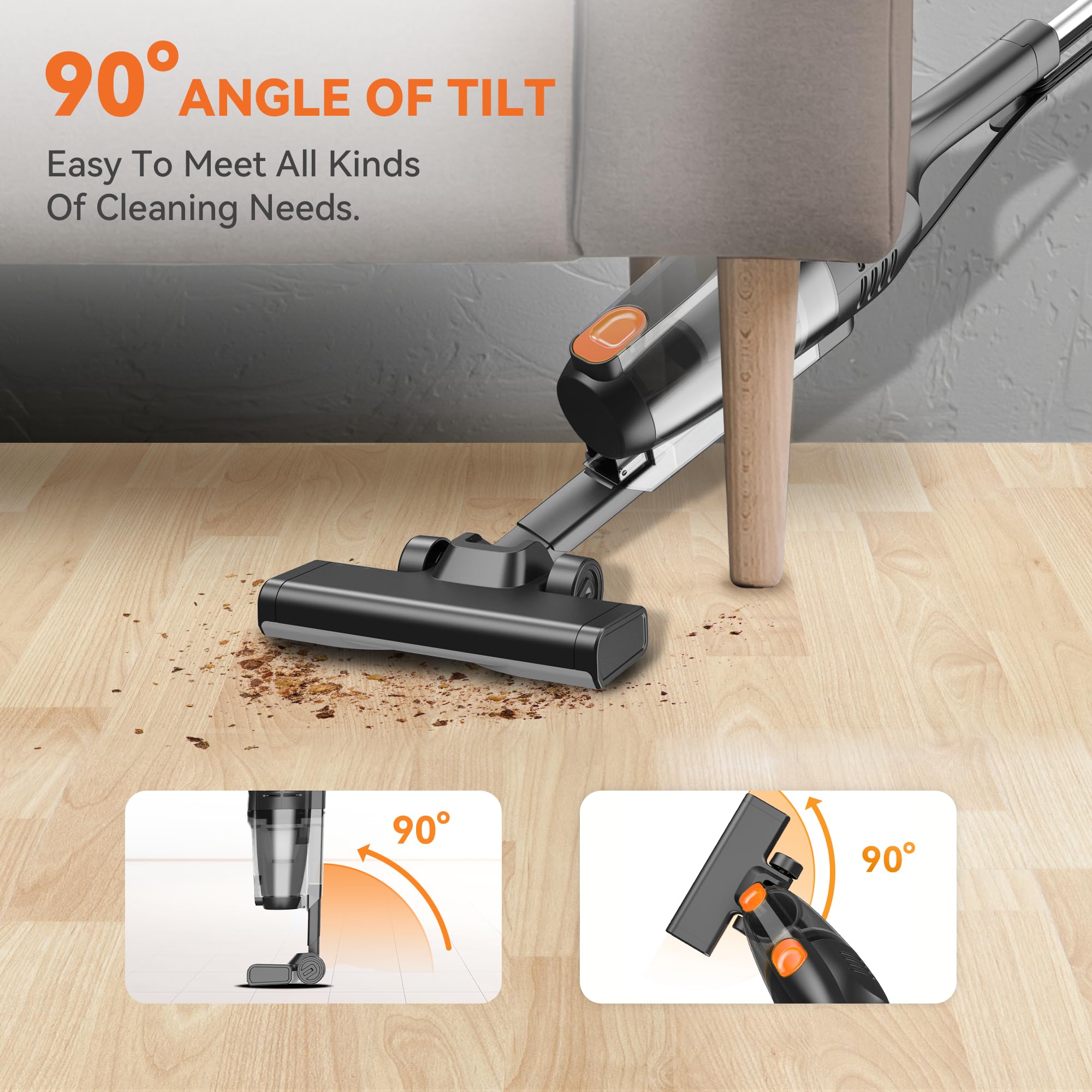 20000Pa Powerful Corded Stick Vacuum Cleaner with 16Ft Long Cord - 2-in-1 Lightweight Vacuum for Hard Floors & Pet Hair (Orange) - Perfect for Home Cleaning, Pet Owners & Quick Pickups