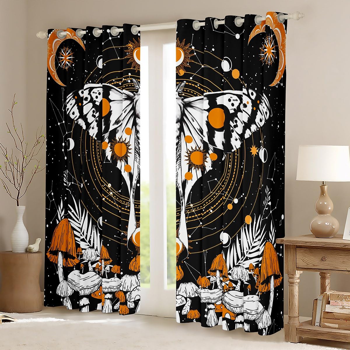 Trippy Yellow Mushroom & Luna Moth Moon Phases Window Curtains Set of 2 Panels - 42x84 Inches Hippie Galaxy Bedroom Drapes for Teens & Adults - Perfect for Boho Decor, Dorm Room, Meditation Space & Psychedelic Room Aesthetics