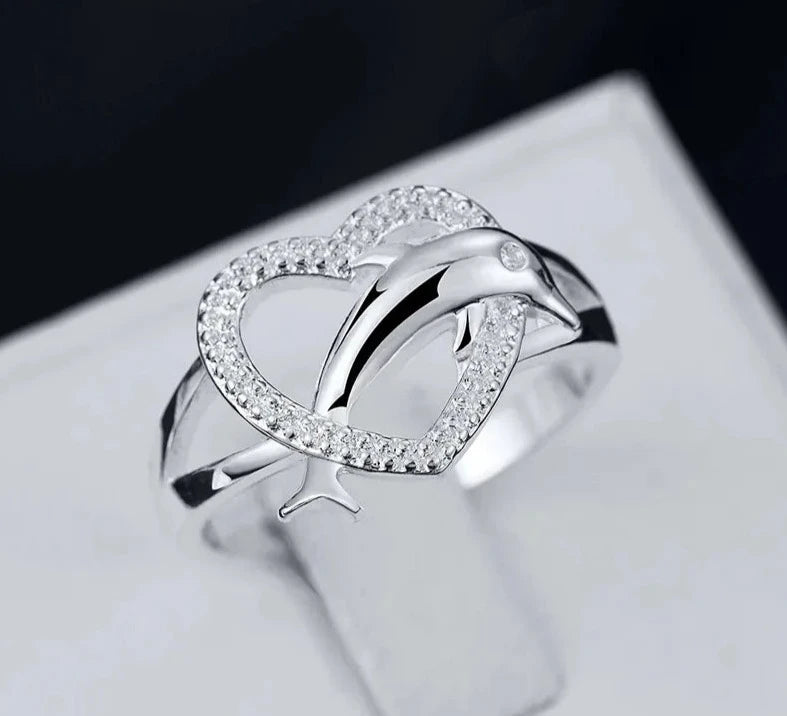 Dolphin Heart Ring - Sterling Silver Ocean Animal Jewelry for Women - Perfect Gift for Beach Lovers, Marine Life Enthusiasts & Nature-Inspired Fashion