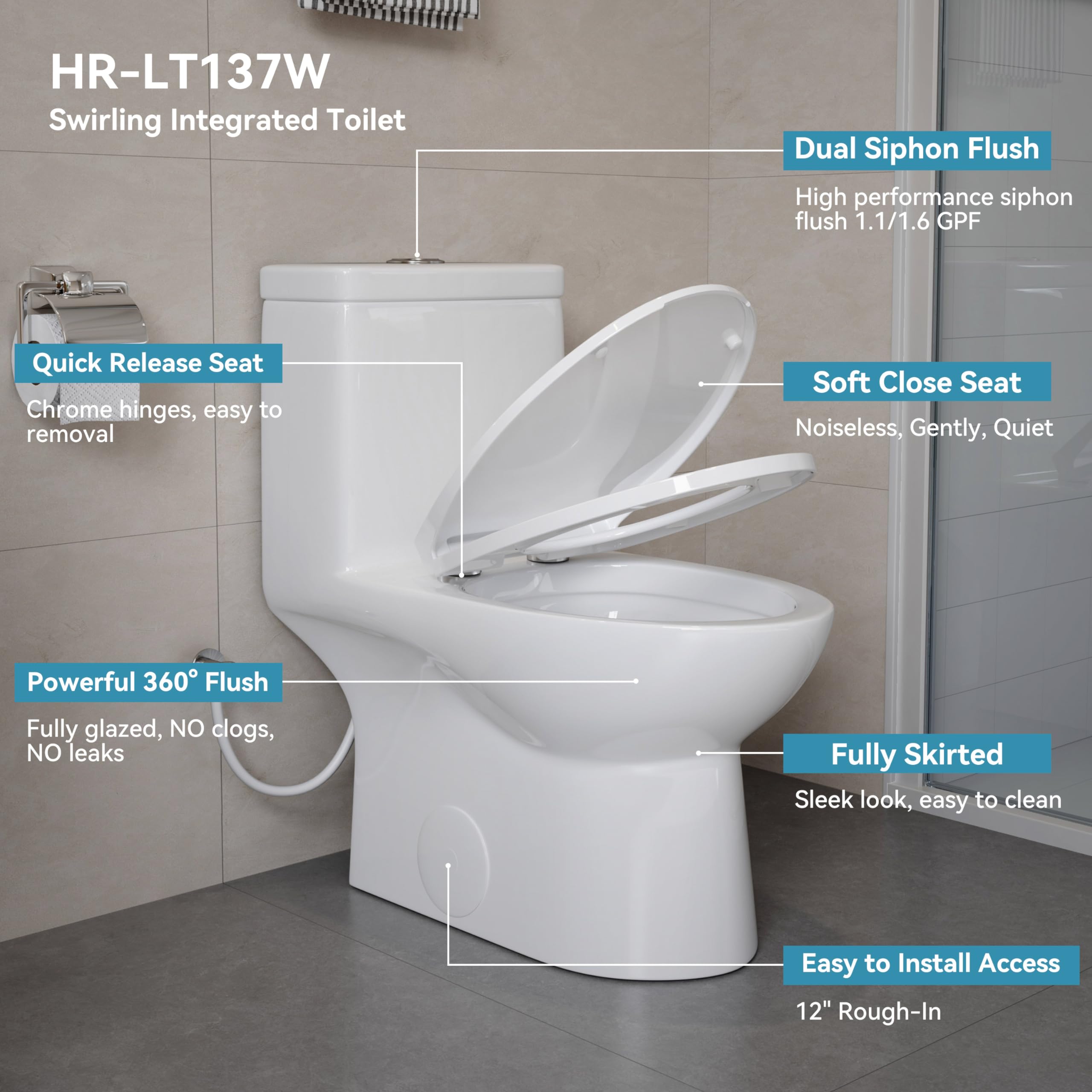 HOROW HR-LT137W Elongated One Piece Toilet with Soft Close Seat - Powerful & Quiet Dual Flush 1.1/1.6 GPF - 12-Inch Rough-In - 27.1x14.6x29.3 Inches - White - Perfect for Modern Bathrooms, Small Spaces & Water-Efficient Homes