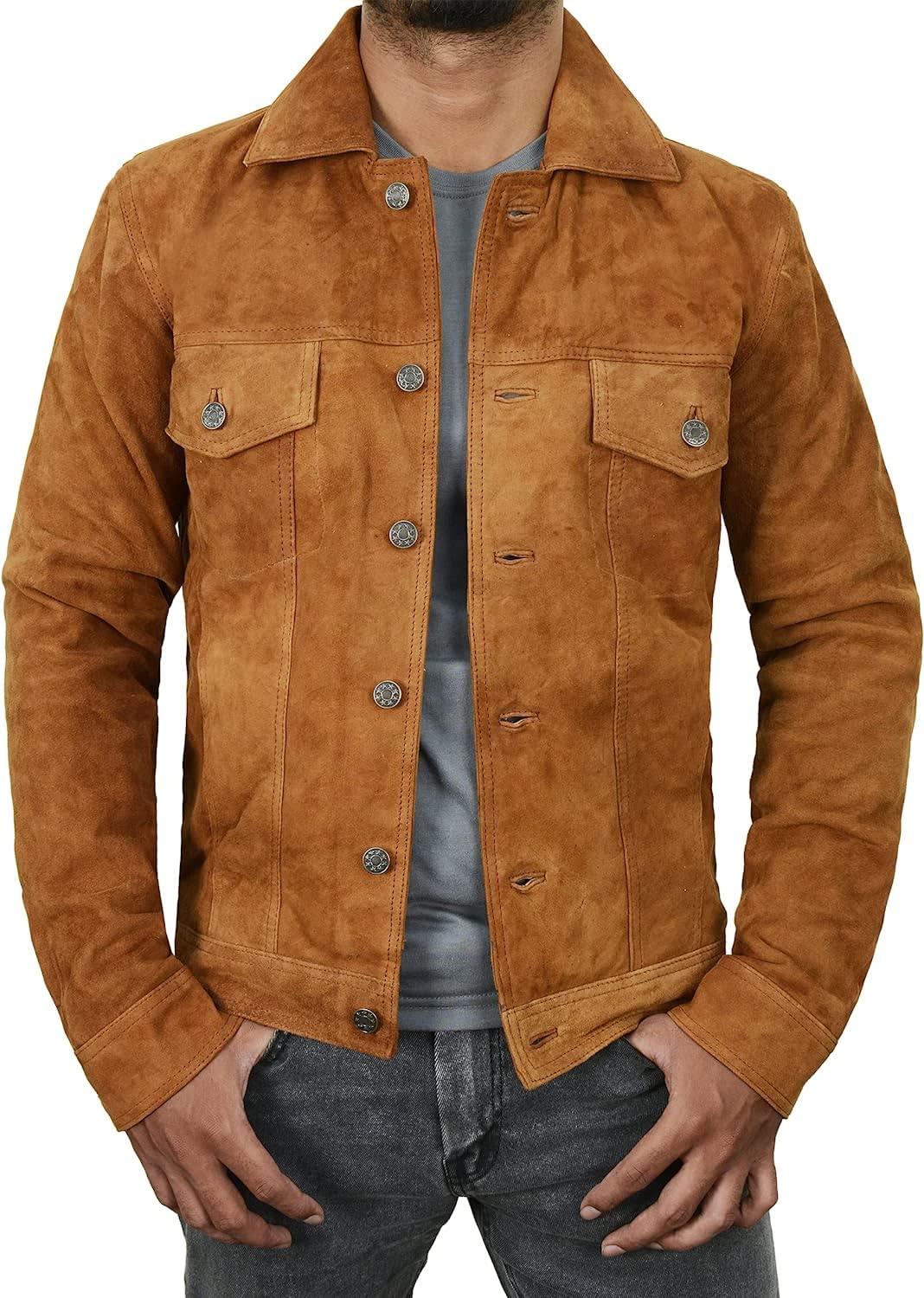 Genuine Suede Leather Jacket for Men - Slim Fit Classic Trucker Coat in Camel Brown (XS) | III-1001 | Perfect for Casual Outings, Date Nights & Motorcycle Rides