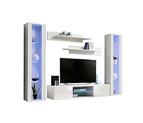 Modern Floating TV Stand with Storage & LED Lights - Wall-Mounted Entertainment Center for Living Room & Bedroom - White Meble Furniture Fly AB2 33 TV Console with Shelves - Perfect for Small Spaces, Apartments and Home Theater Setup