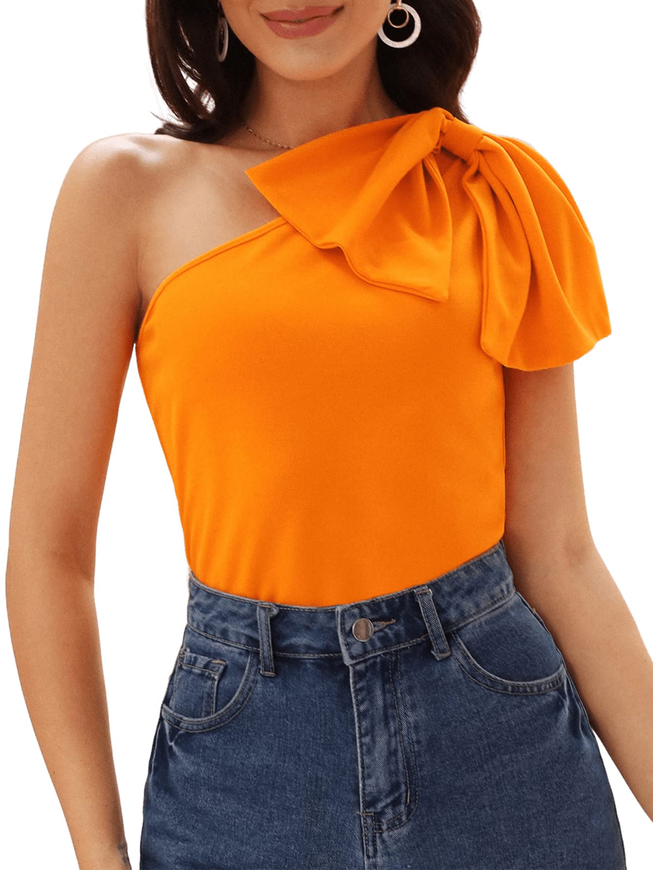 SweatyRocks Women's Sleeveless One Shoulder Bow Front Tank Top - Casual Solid Blouse for Summer, Beach, Party & Date Night Outfits