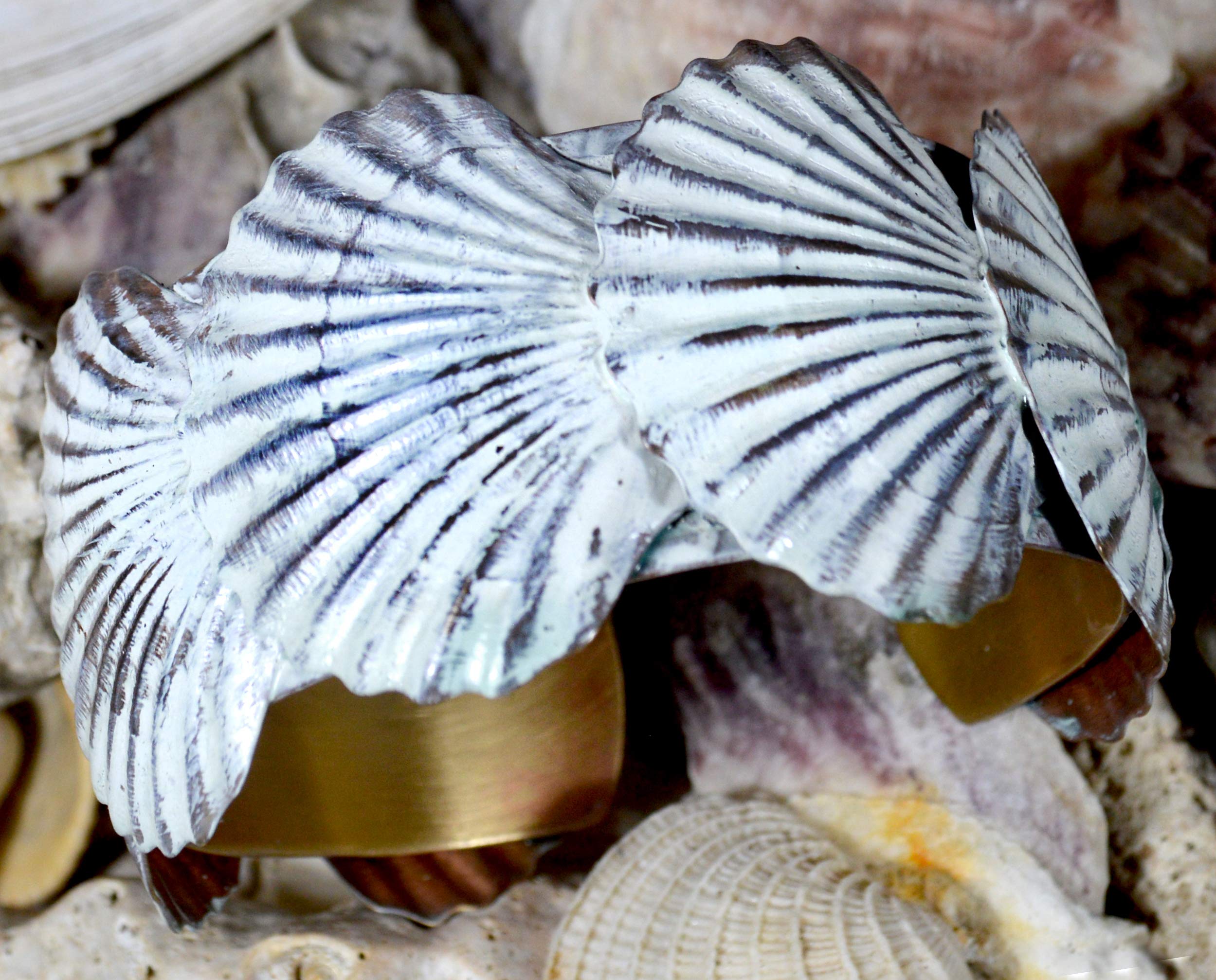 Elaine Coyne Wearable Art White Chocolate Patina Brass Overlapping Scallop Shells Cuff Bracelet - Elegant Boho Jewelry for Women, Beach Wedding Accessories, Gift for Her