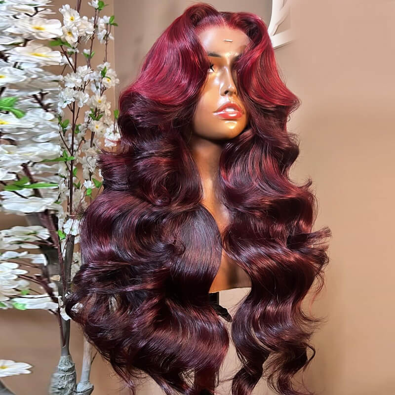 Ombre Dark Burgundy Body Wave Curtain Bangs