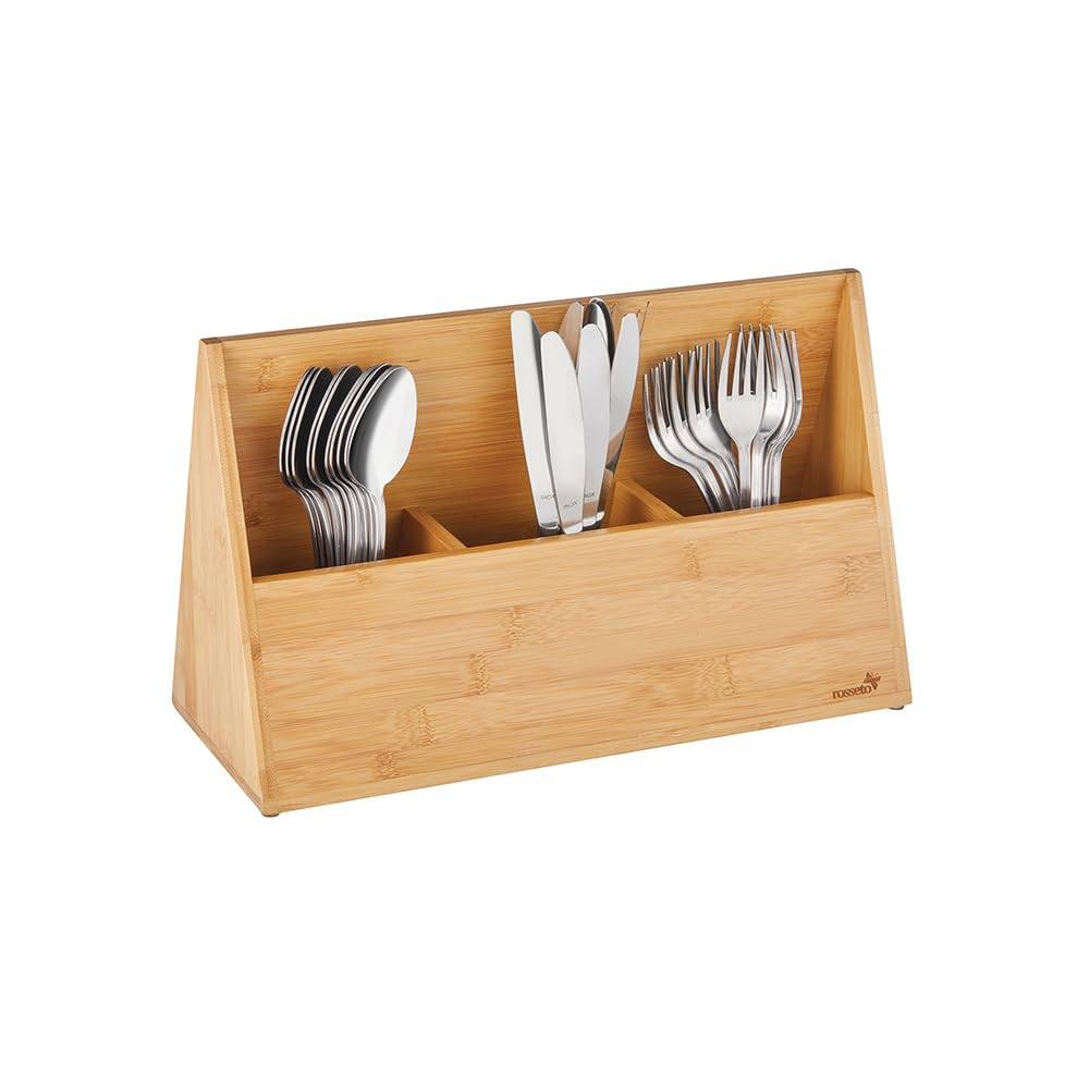Rosseto SB110 Natural Bamboo Cutlery Holder - Eco-Friendly Kitchen Organizer for Forks, Spoons & Knives - Perfect for Dining Room, Picnics and Camping