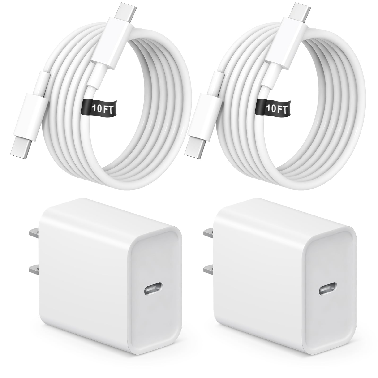 10FT Fast Charging USB C Charger Block 2-Pack - Compatible with iPhone 16/16 Plus/16 Pro/16 Pro Max/iPhone 15/15 Pro Max - Type C Power Adapter for Quick Charging - Perfect for Home, Office & Travel Use
