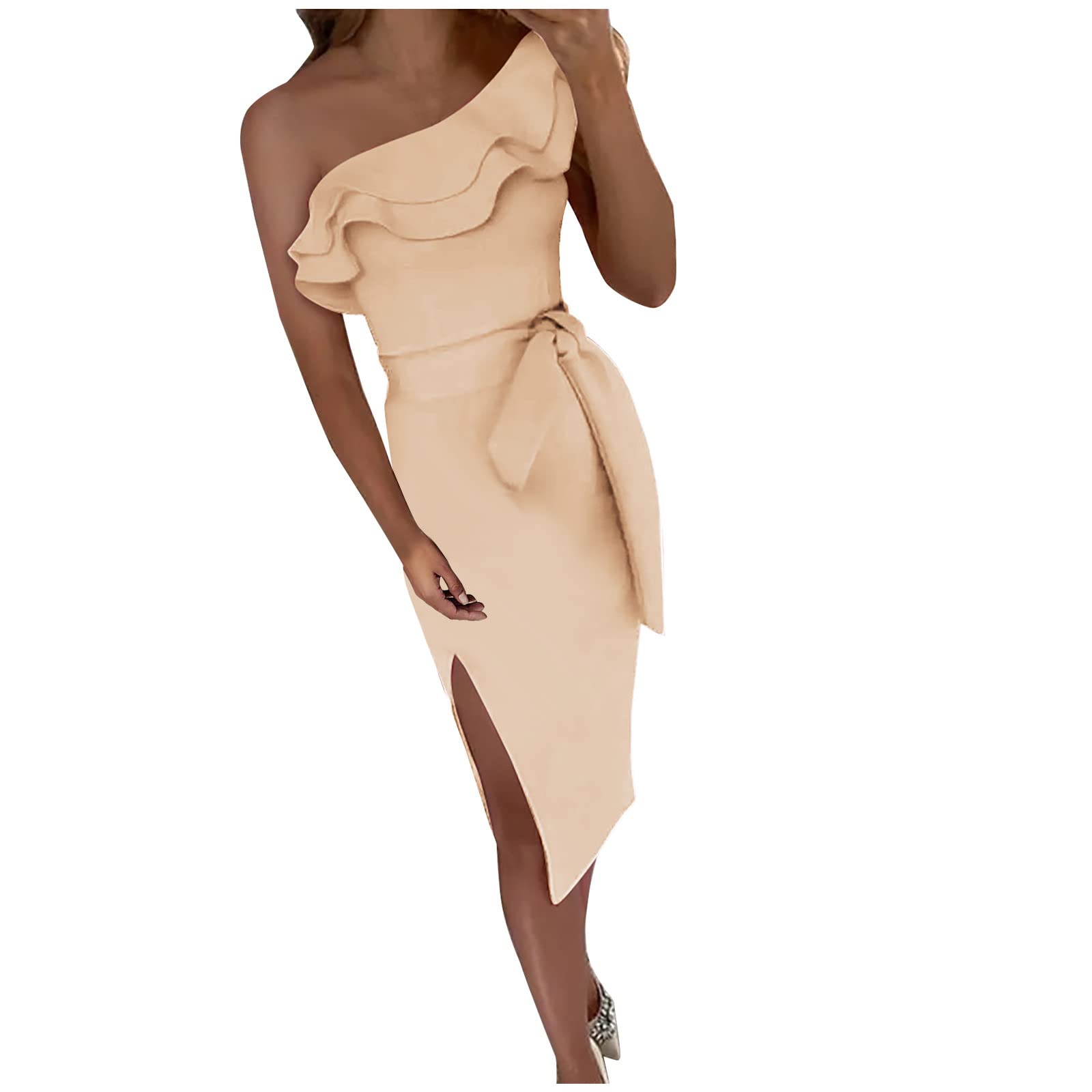 BmkBWO Women's Sexy One Shoulder Bodycon Dress - Sleeveless Ruffled Elegant Midi Dress with Split & Wrap Belt for Wedding Guest, Cocktail Party, Date Night & Special Occasions