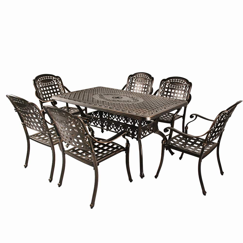 TITIMO 7-Piece Outdoor Dining Set - All-Weather Cast Aluminum Patio Furniture with 6 Chairs & 1 Rectangle Table (Umbrella Hole Included) for Garden, Deck, Backyard - Perfect for Outdoor Entertaining & Relaxation