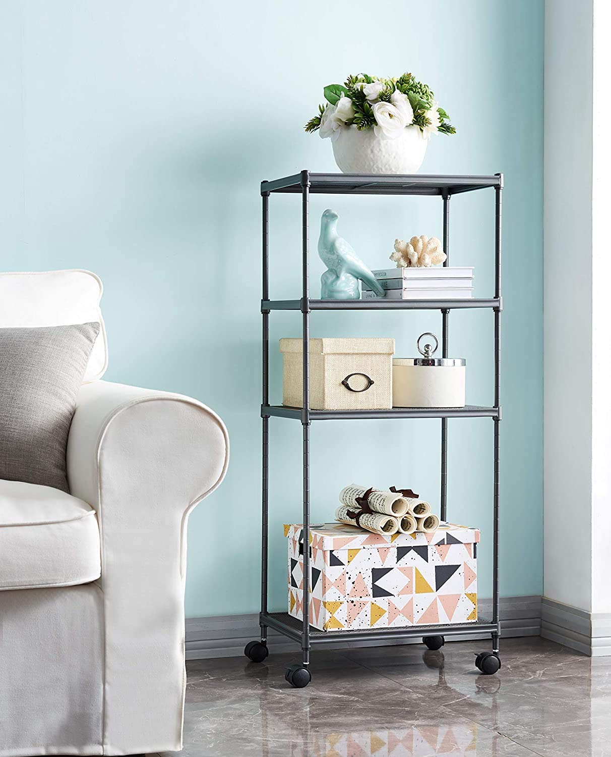 OVICAR 4-Tier Heavy Duty Steel Wire Storage Shelves with Wheels, Adjustable Metal Shelving Unit for Kitchen Pantry, Laundry Room, Garage, Closet & Tool Organization - Space Saving Storage Rack for Home & Office (Grey, 4 Tiers)