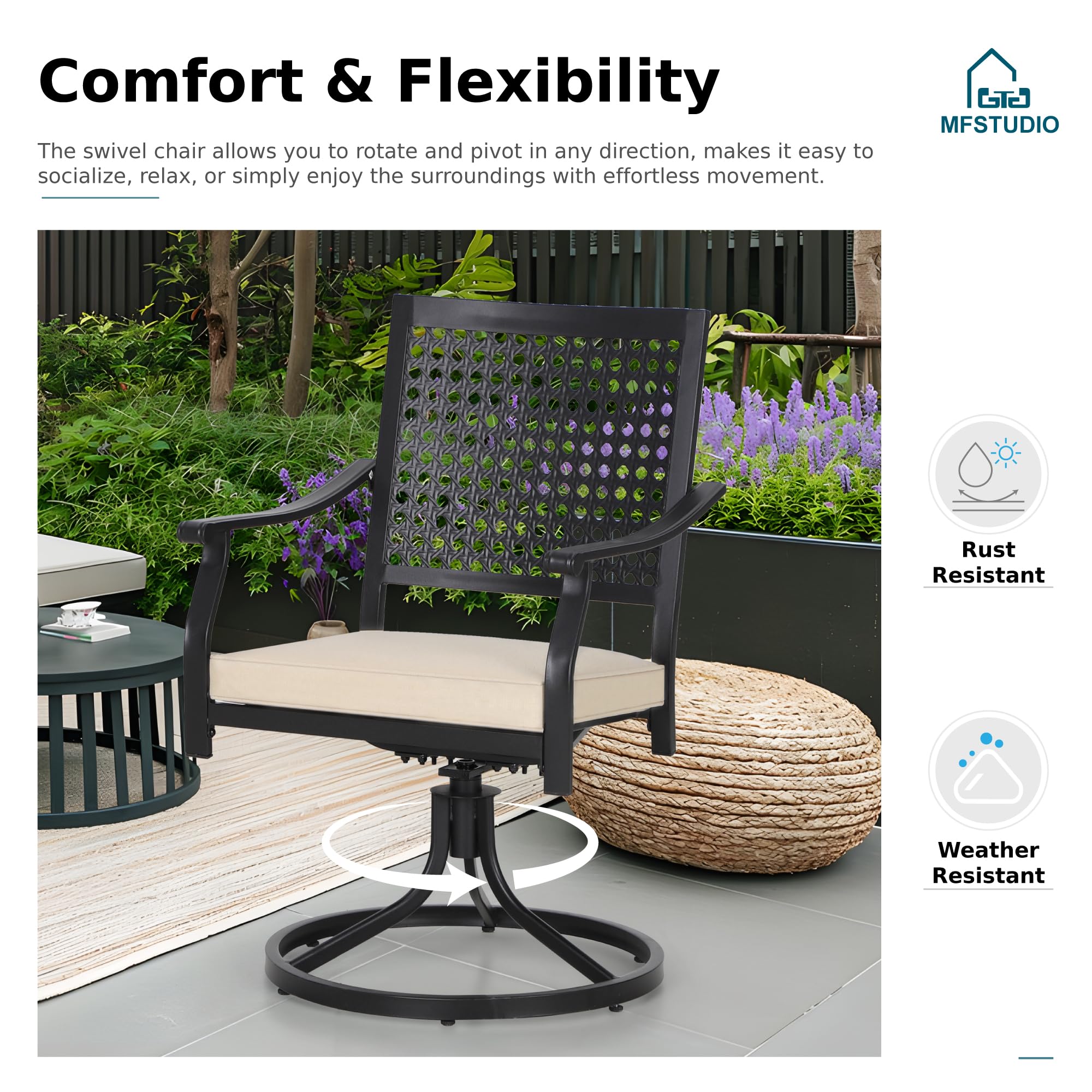 MFSTUDIO 9-Piece Outdoor Patio Dining Set with 8 Swivel Metal Mesh Chairs (Cushions Included) & 1 Expandable Rectangle Table - Durable Garden Furniture for Backyard, Poolside, and Restaurant Outdoor Seating