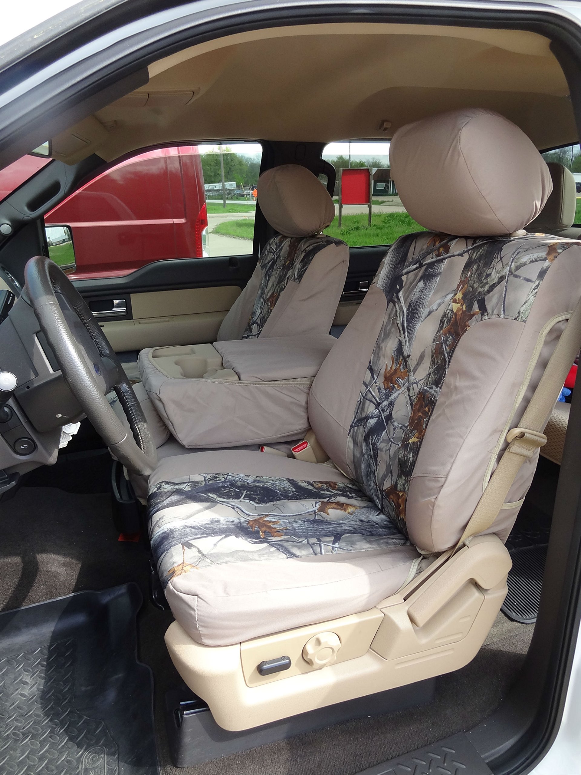 Custom Waterproof Durafit Seat Covers for 2011-2013 Ford F150-F550 Trucks - 40/20/40 Split Front Seat Design with Console Opening in Tan-Camo Endura Fabric | Perfect for Off-Roading, Work Trucks & Outdoor Adventures