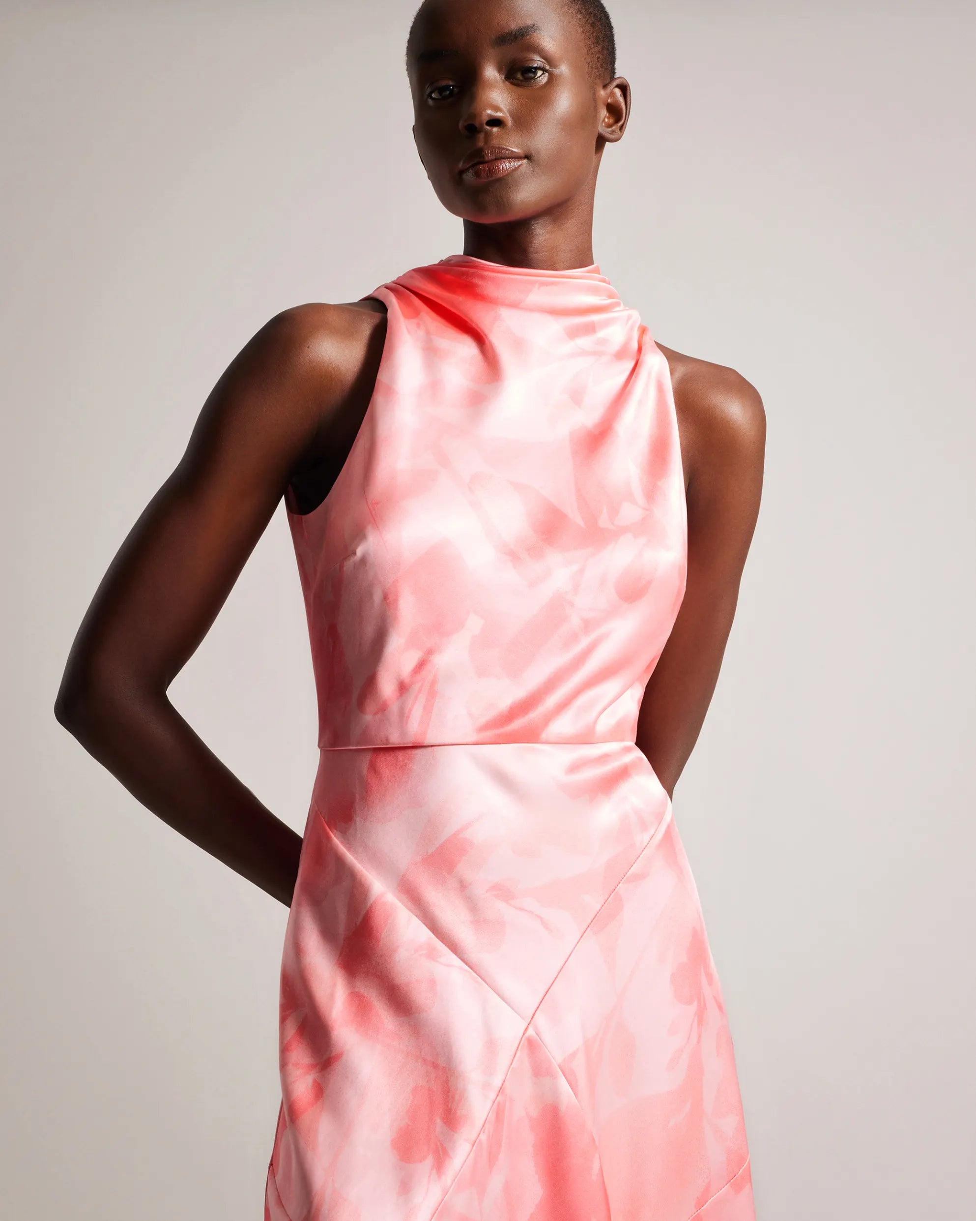 Foreste Cowl Neck Bias Cut Midi Dress in Coral - Elegant Flowy Women's Dress for Parties, Weddings & Date Nights